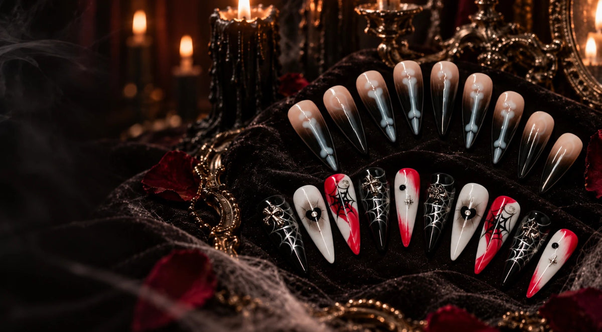 Halloween press on nails by Dress For Nails, skeleton and spider web sets on black velvet by candlelight
