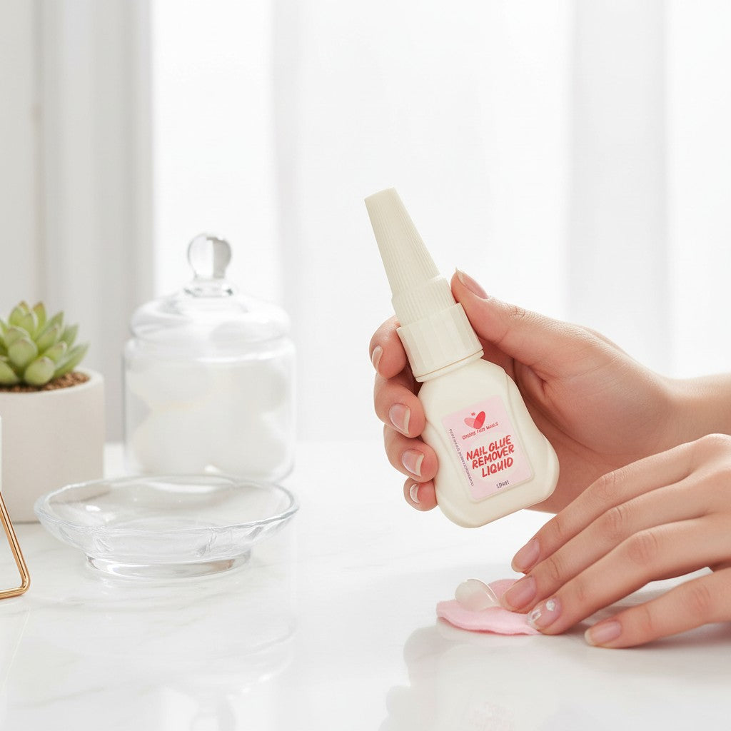 Nail glue remover liquid used to remove press on nails without damage