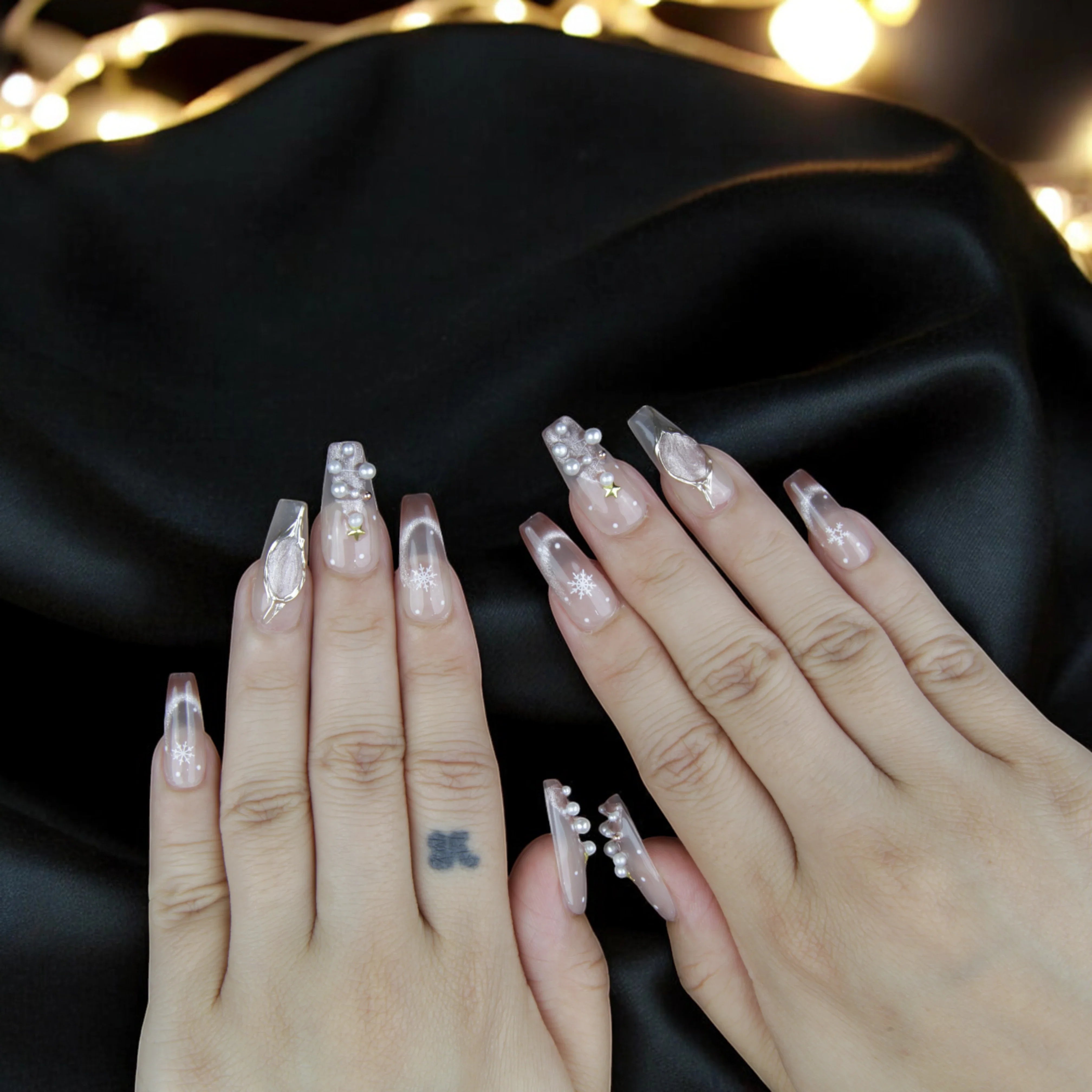 Coffin press on nails with 3D pearl and floral designs on nude base – reusable stick on nails Australia