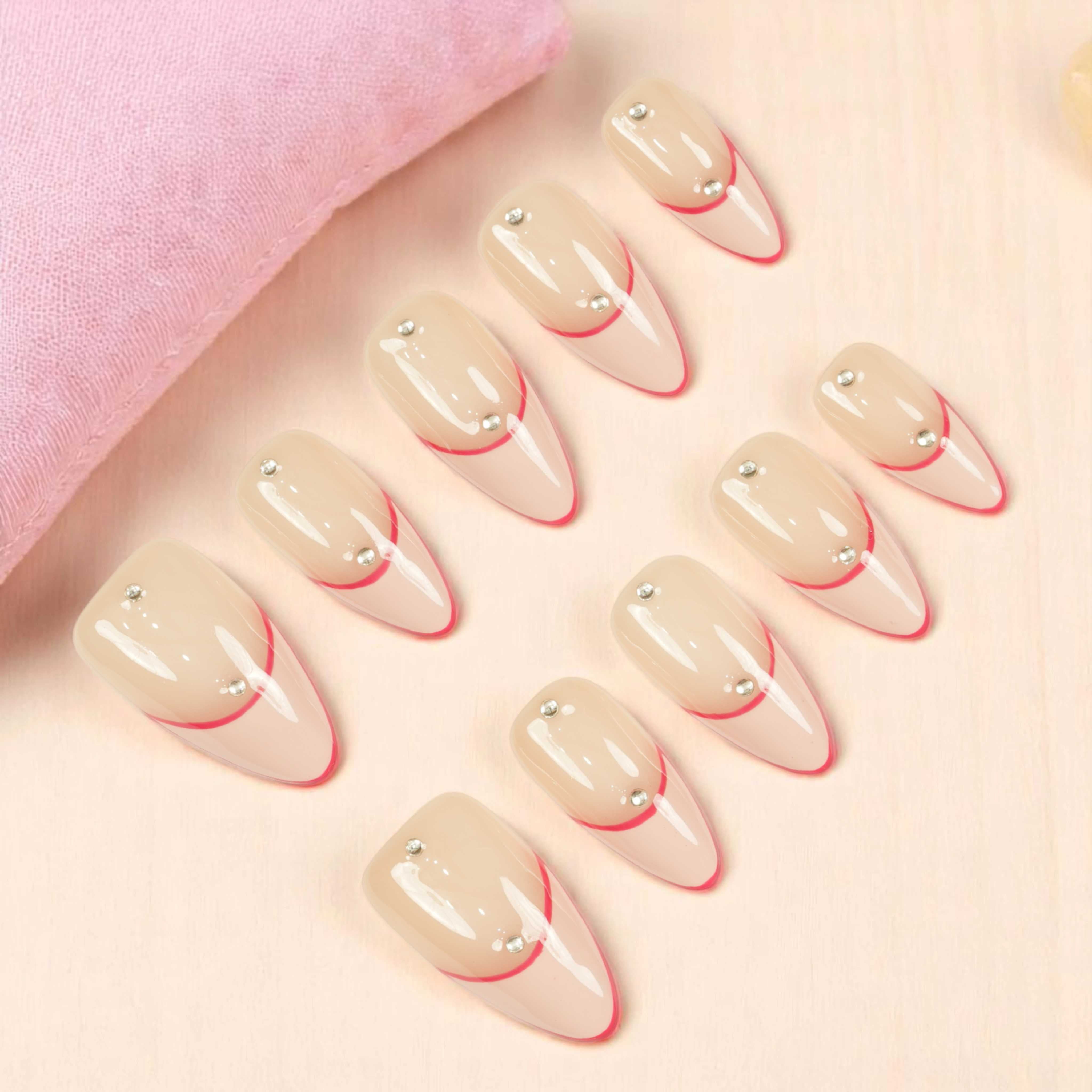 Top view of Blush Crystal Curve French Tip press on nails set – handmade false nails Australia