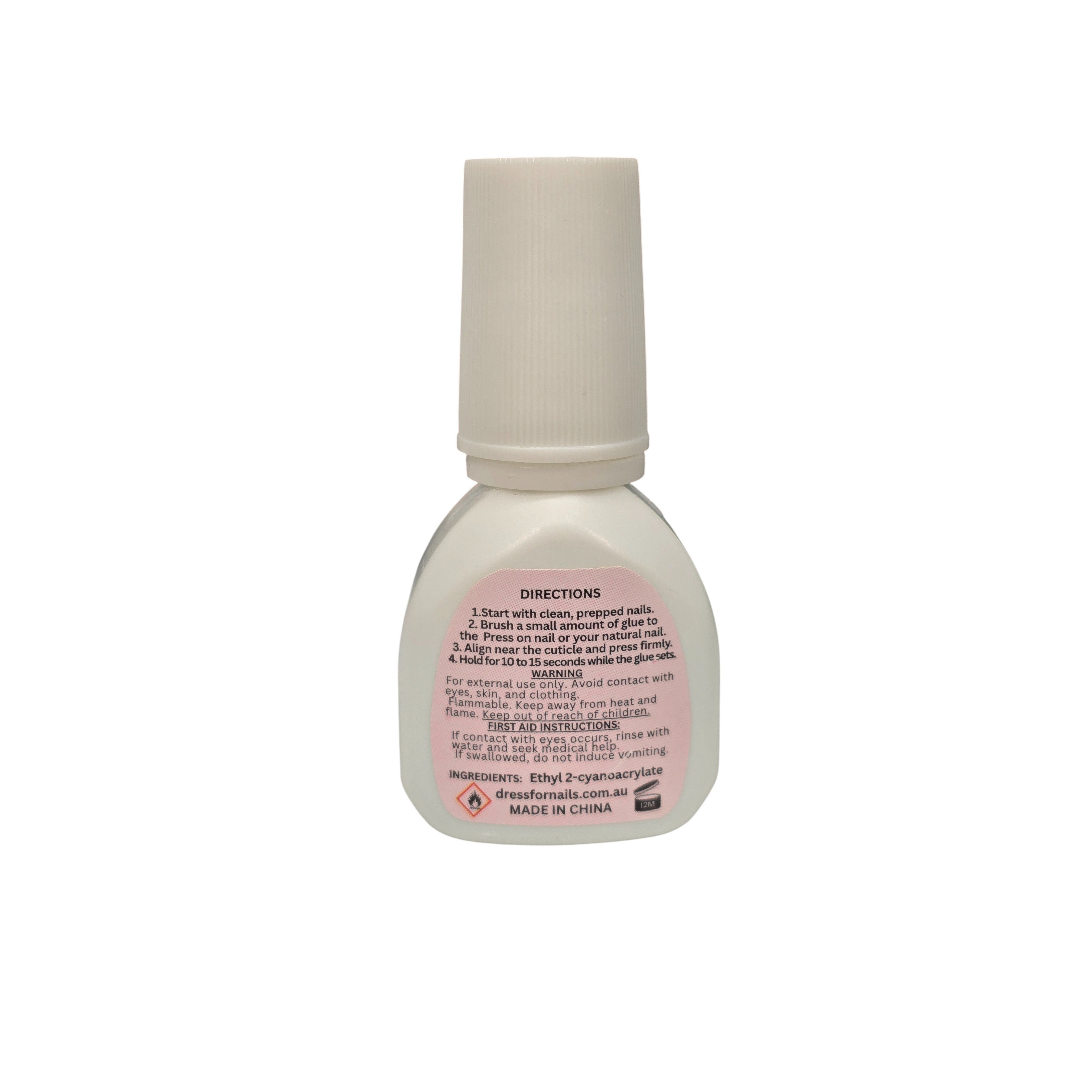 Back label of Advanced Brush-On Nail Glue showing directions, warnings, and ingredient list