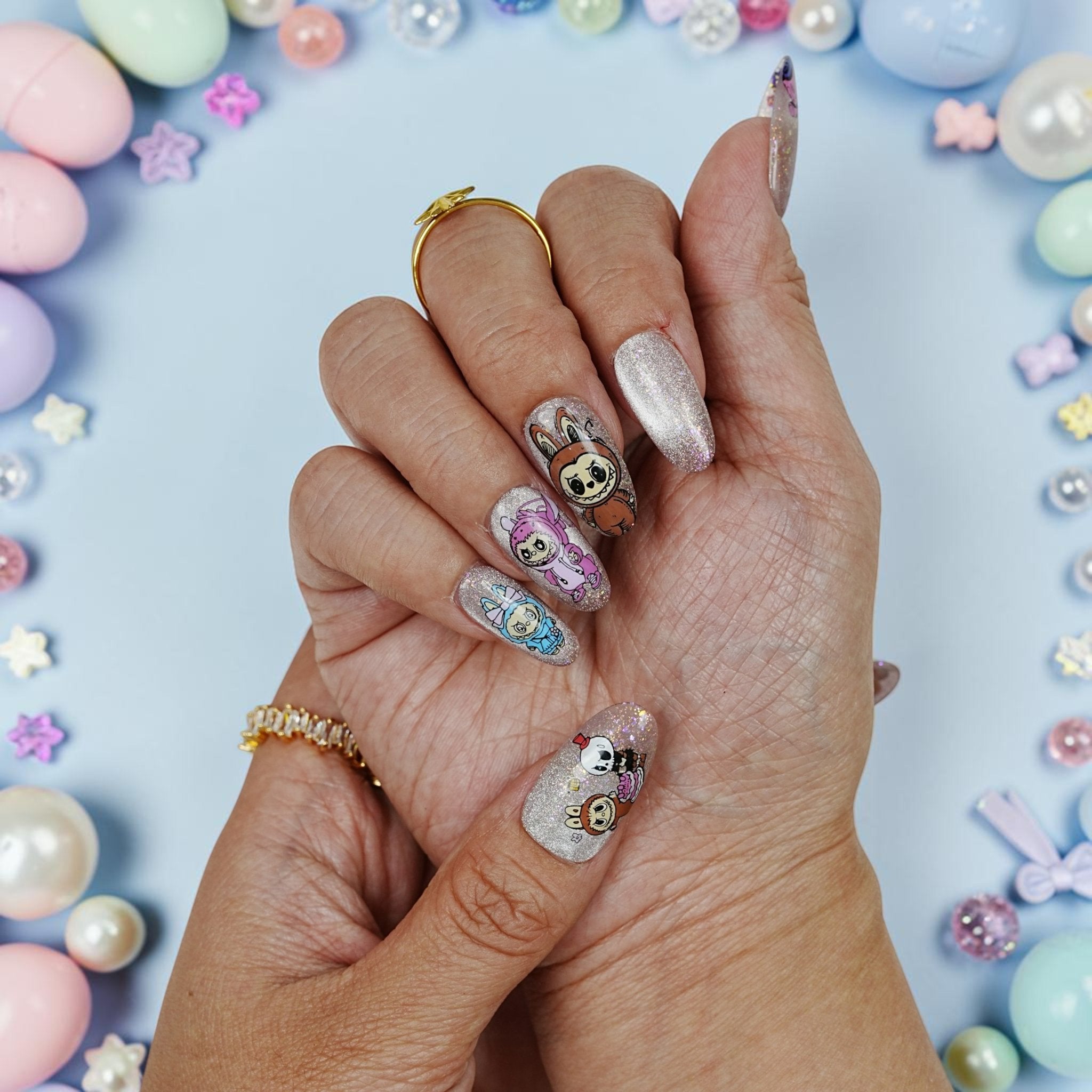 DSC00014 close up of kawaii cartoon character press on nails with bunny and teddy