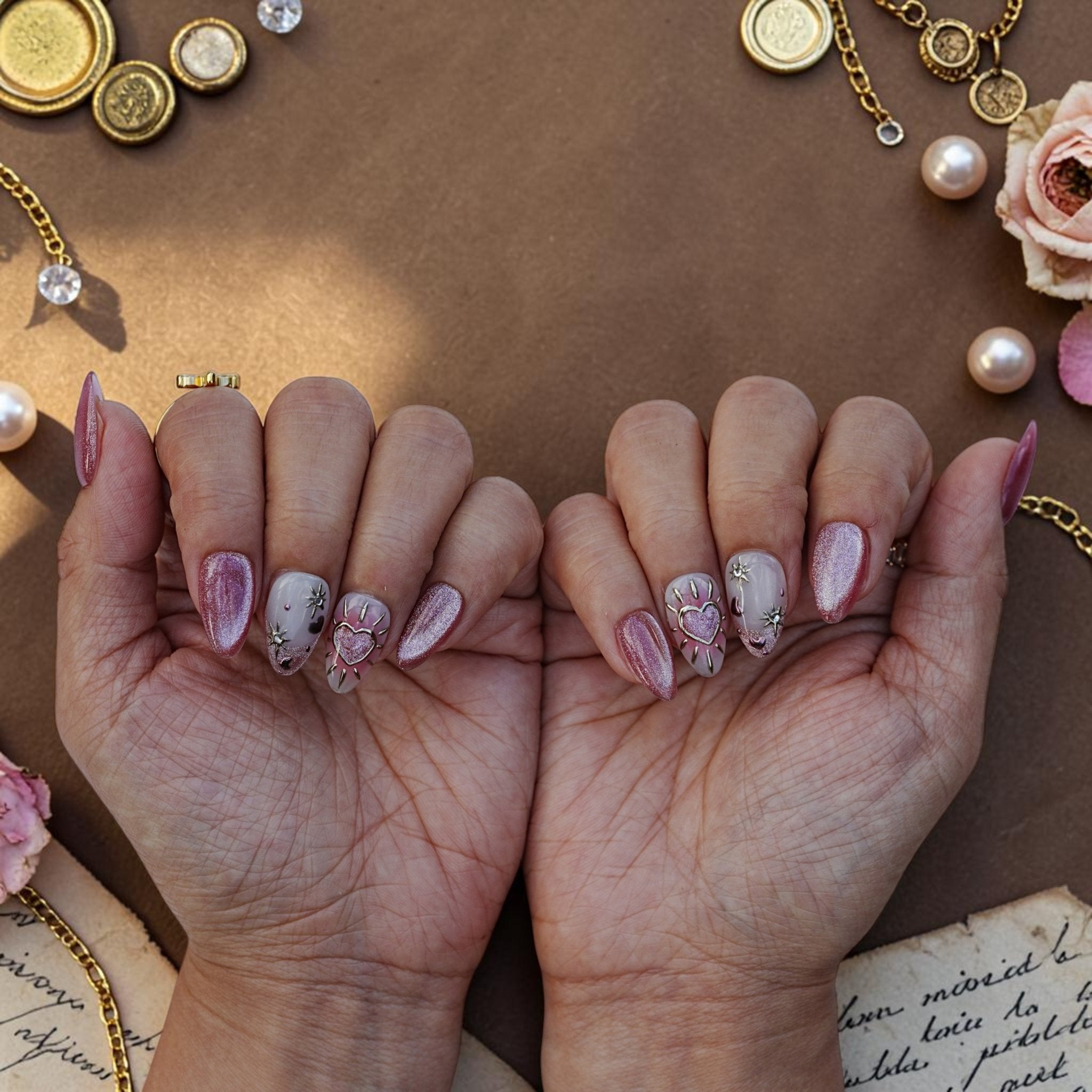 DSC00016 two hands showing heart press on nails with gold heart charms stars and crystals