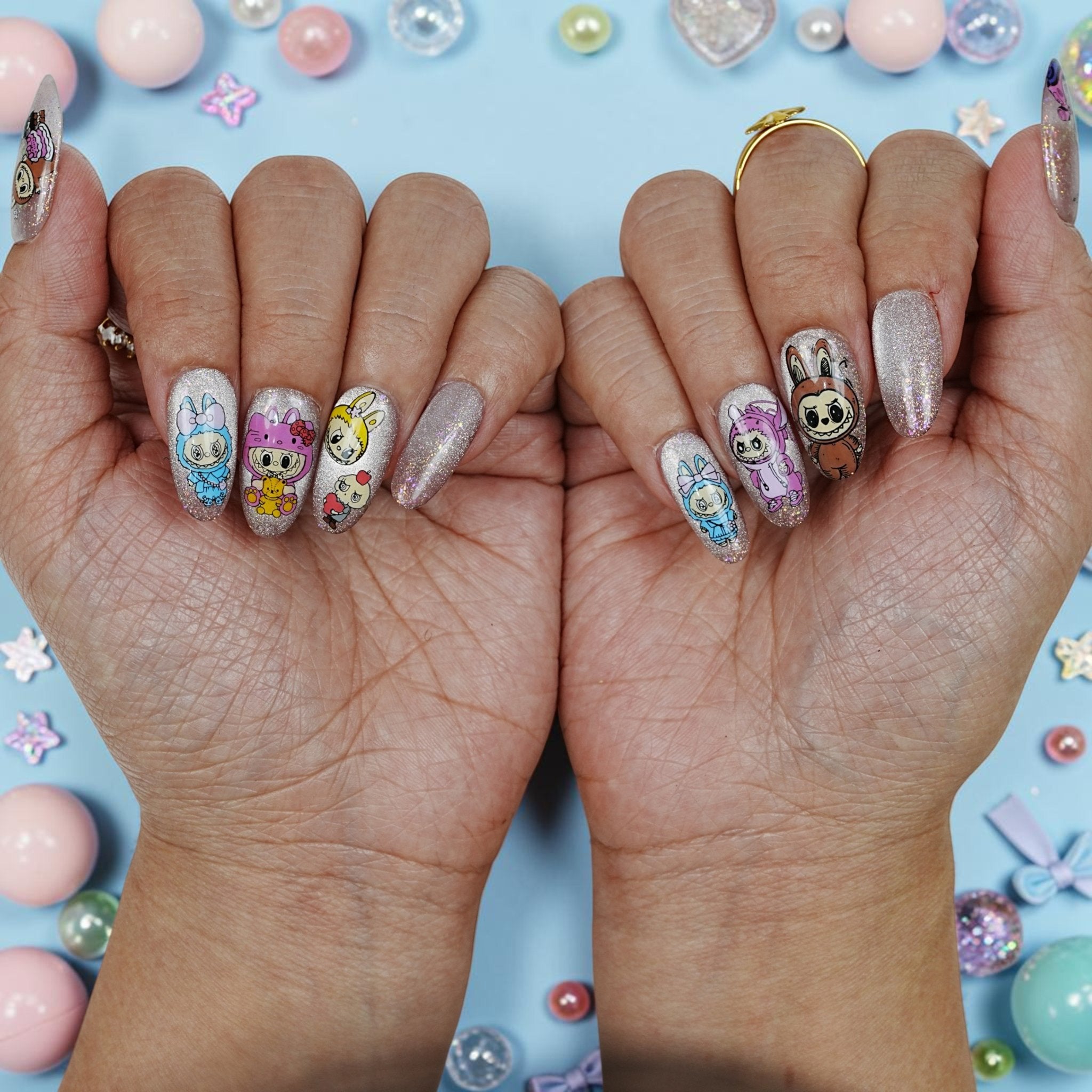 DSC00017 cute cartoon character press on nails with pastel bunny friends and glitter