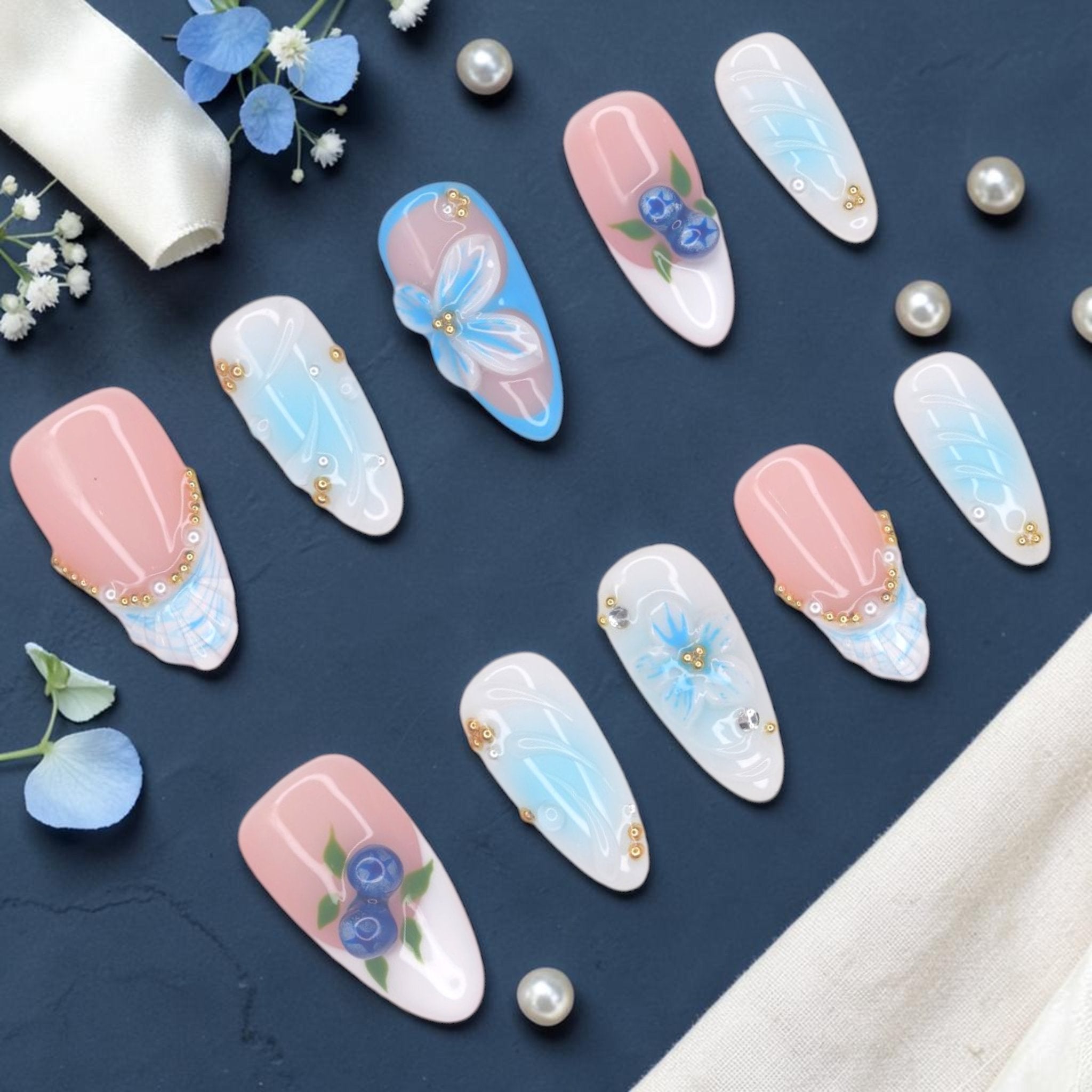 DSC00021 blueberry press on nails full set with sculpted 3D blueberries, blue flowers and gingham bows laid flat