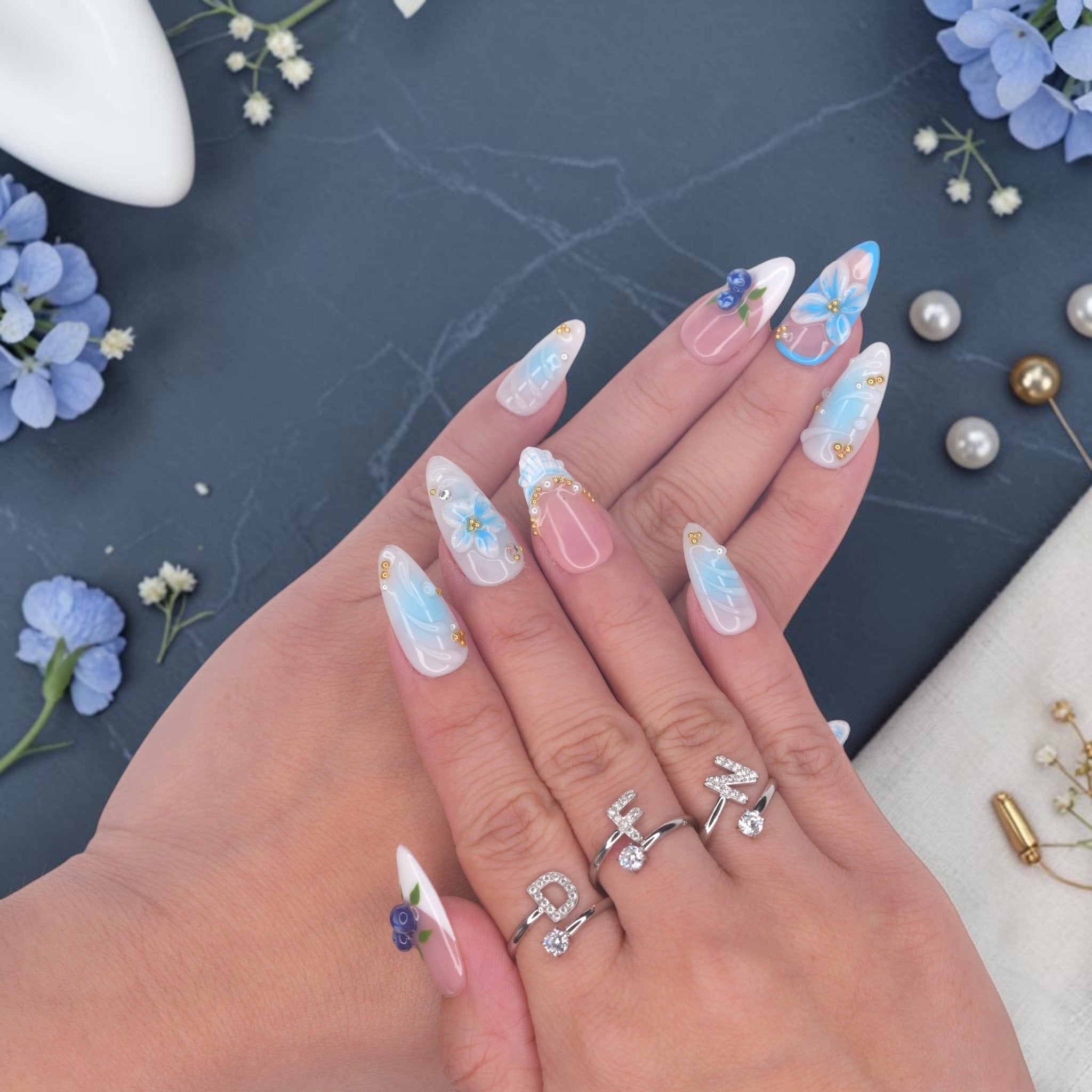 DSC00022 blueberry press on nails with 3D blueberries, blue florals and gold beads