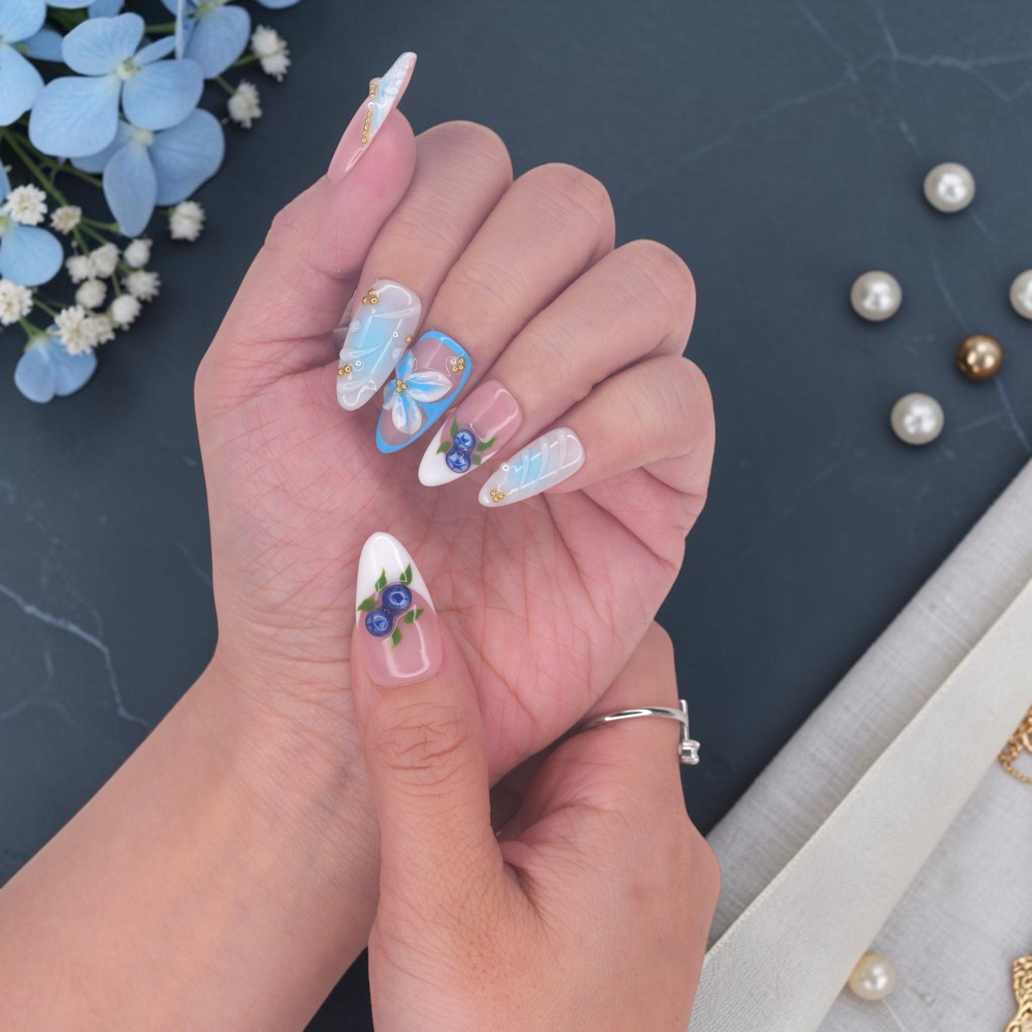 DSC00025 coquette blueberry press on nails with gingham bows, pearls and gold caviar