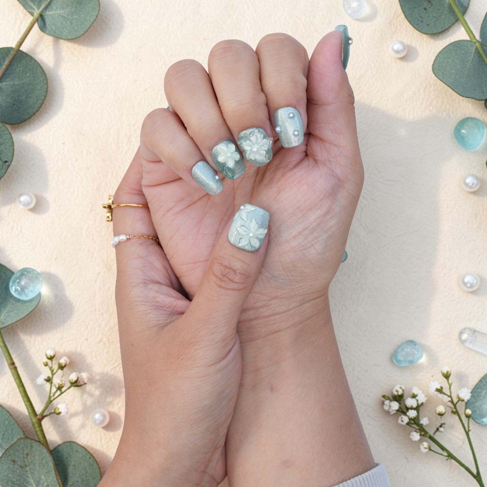 DSC00026 sage green press on nails with a 3D butterfly and crystals