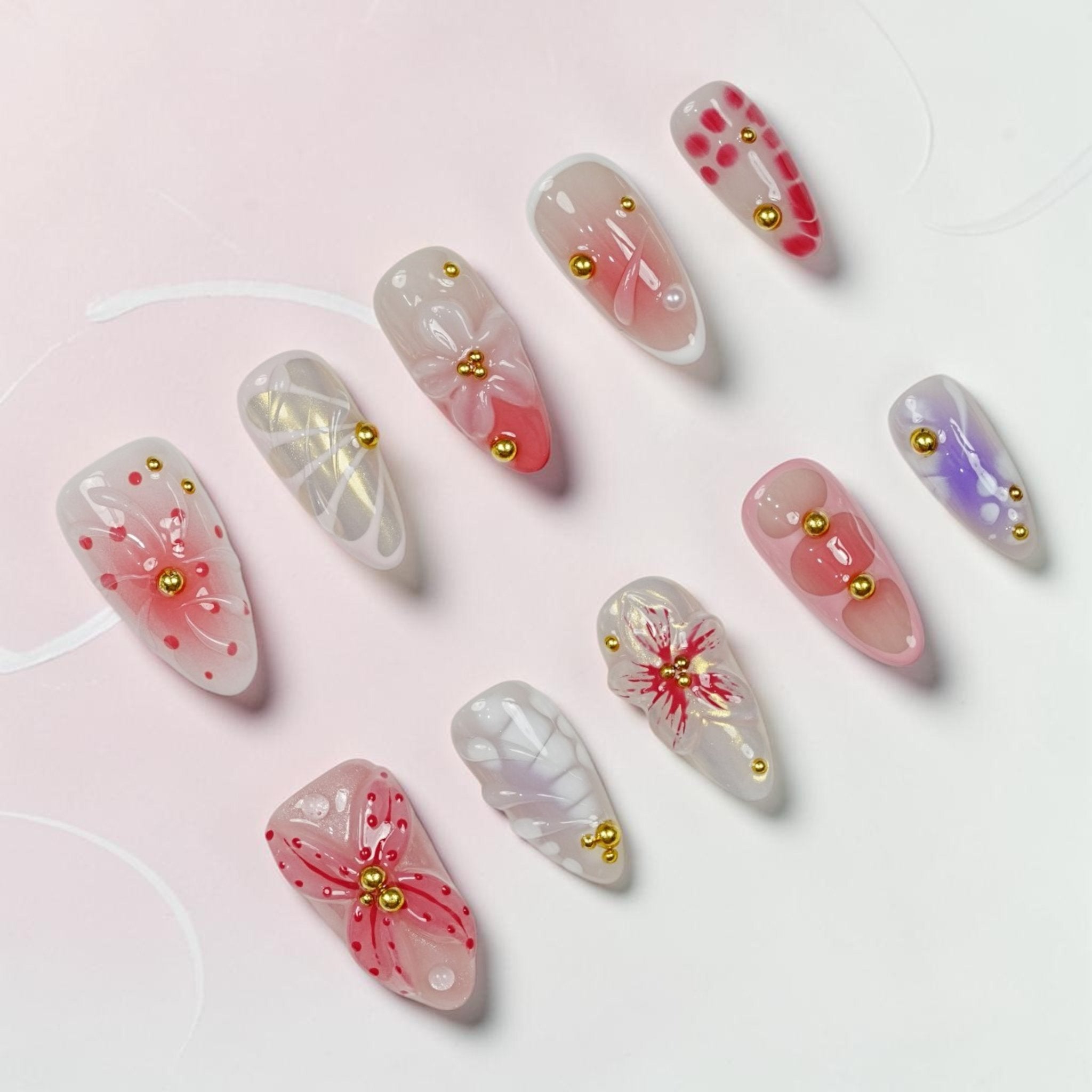 DSC00029 fairy press on nails full set with 3D butterfly wings blossoms and jelly petals laid flat
