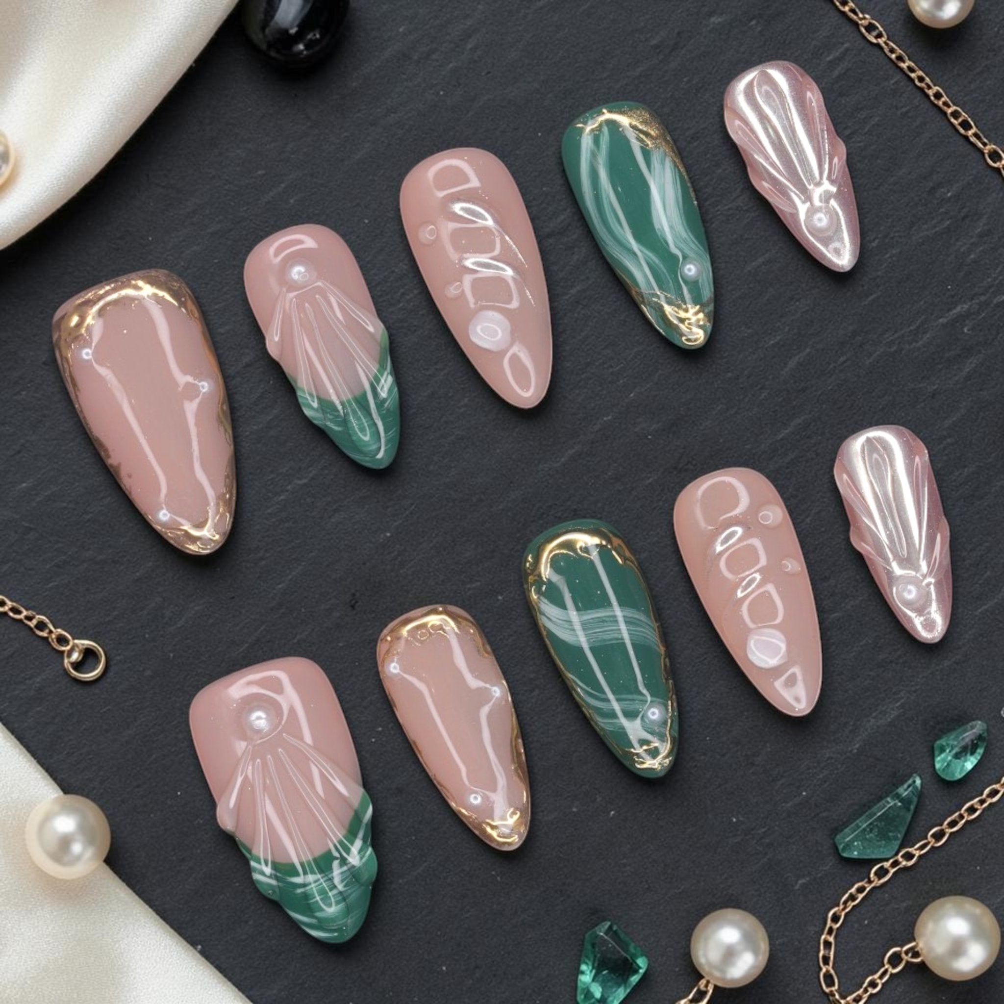 DSC00029 emerald press on nails full set with green marble, molten gold framing and pearl chrome laid flat