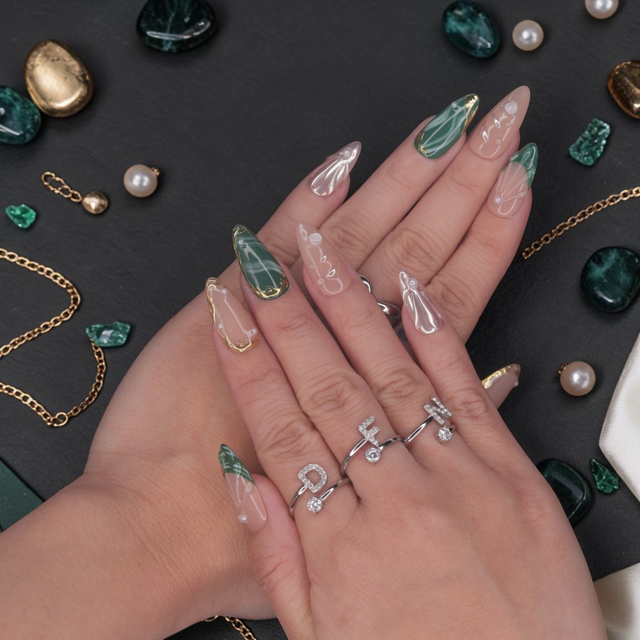 DSC00030 emerald press on nails with green marble, gold veining and pearl chrome