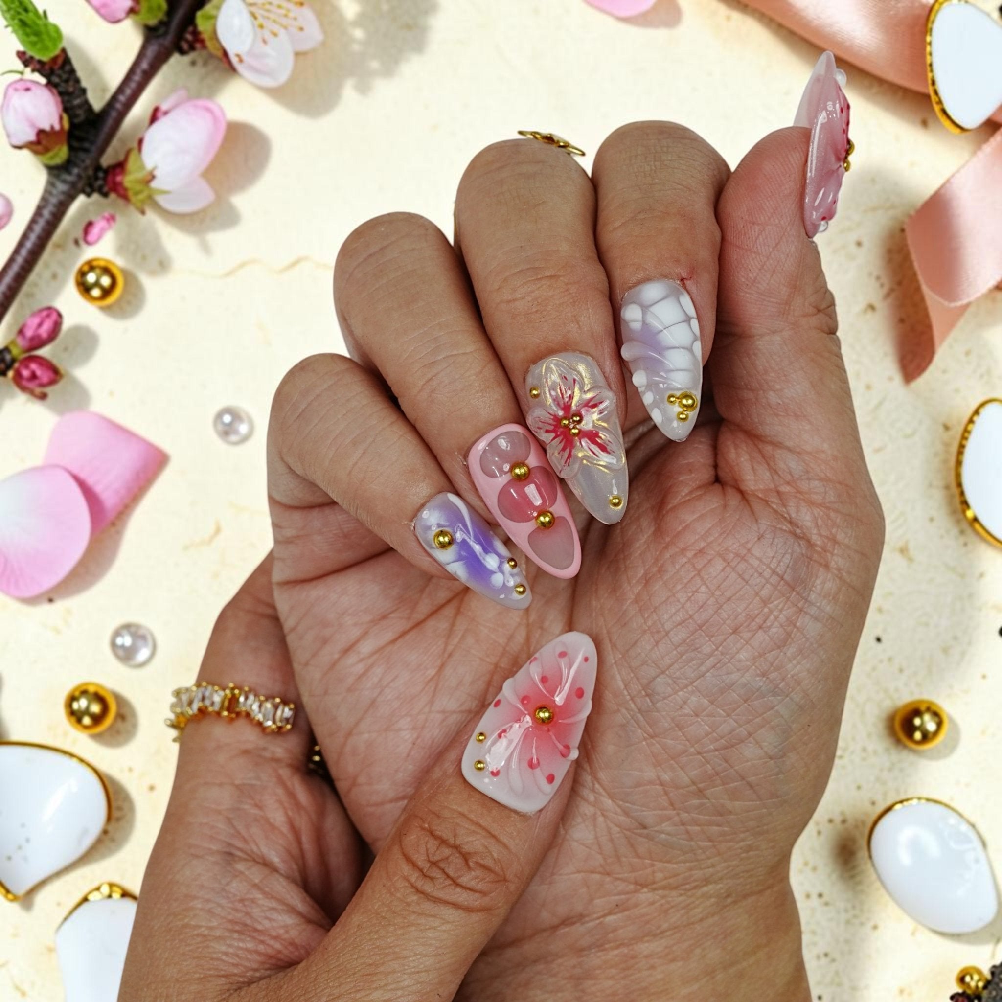 DSC00037 fairy press on nails with hand painted watercolour blossoms and gold beads