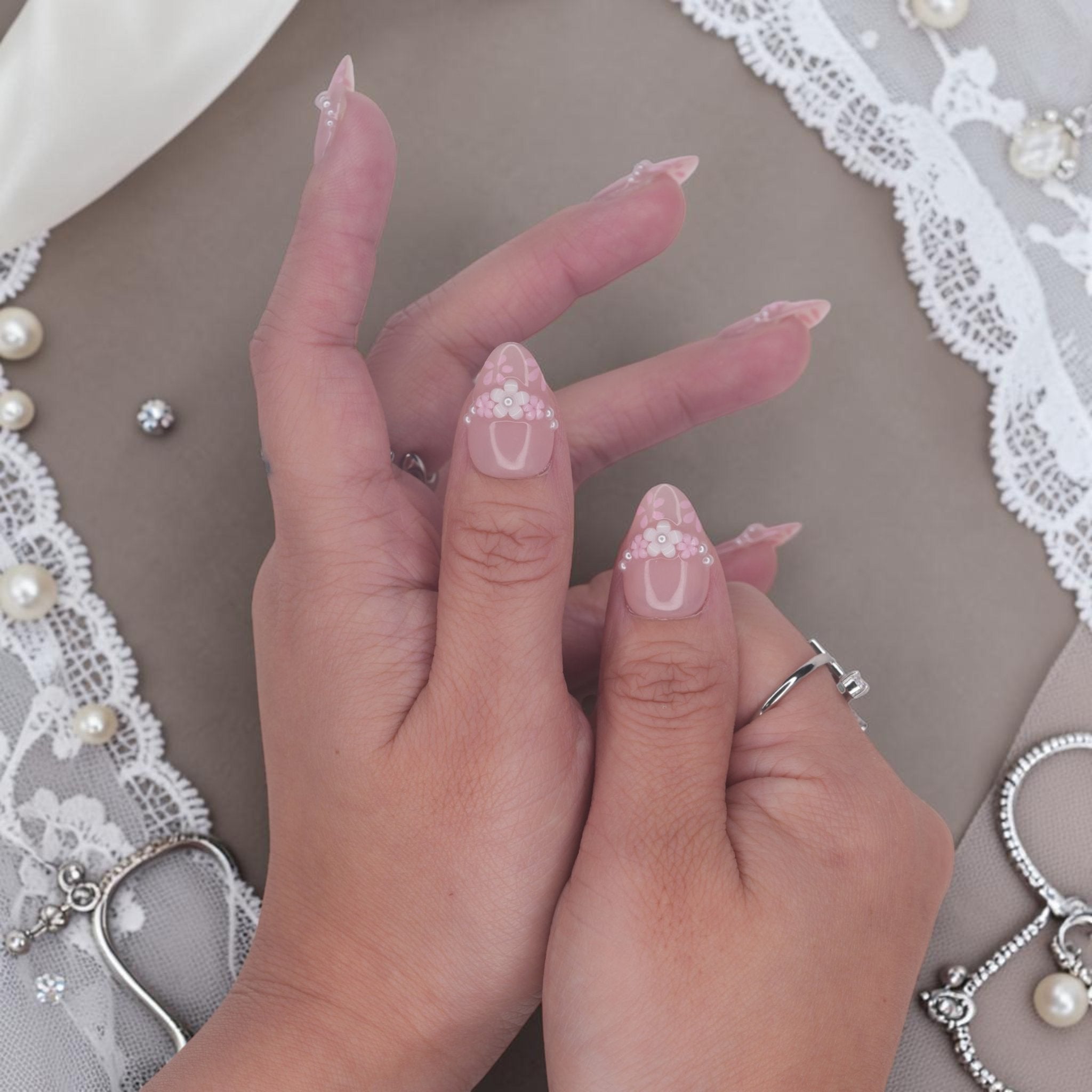 DSC00039 coquette press on nails with pink french tips, 3D flowers and pearls
