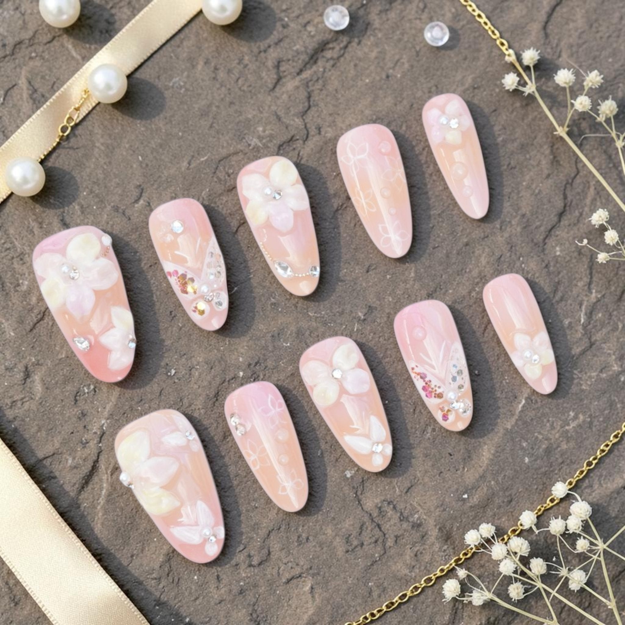 DSC00043 pink floral press on nails full set with 3D white flowers pearls and crystals laid flat