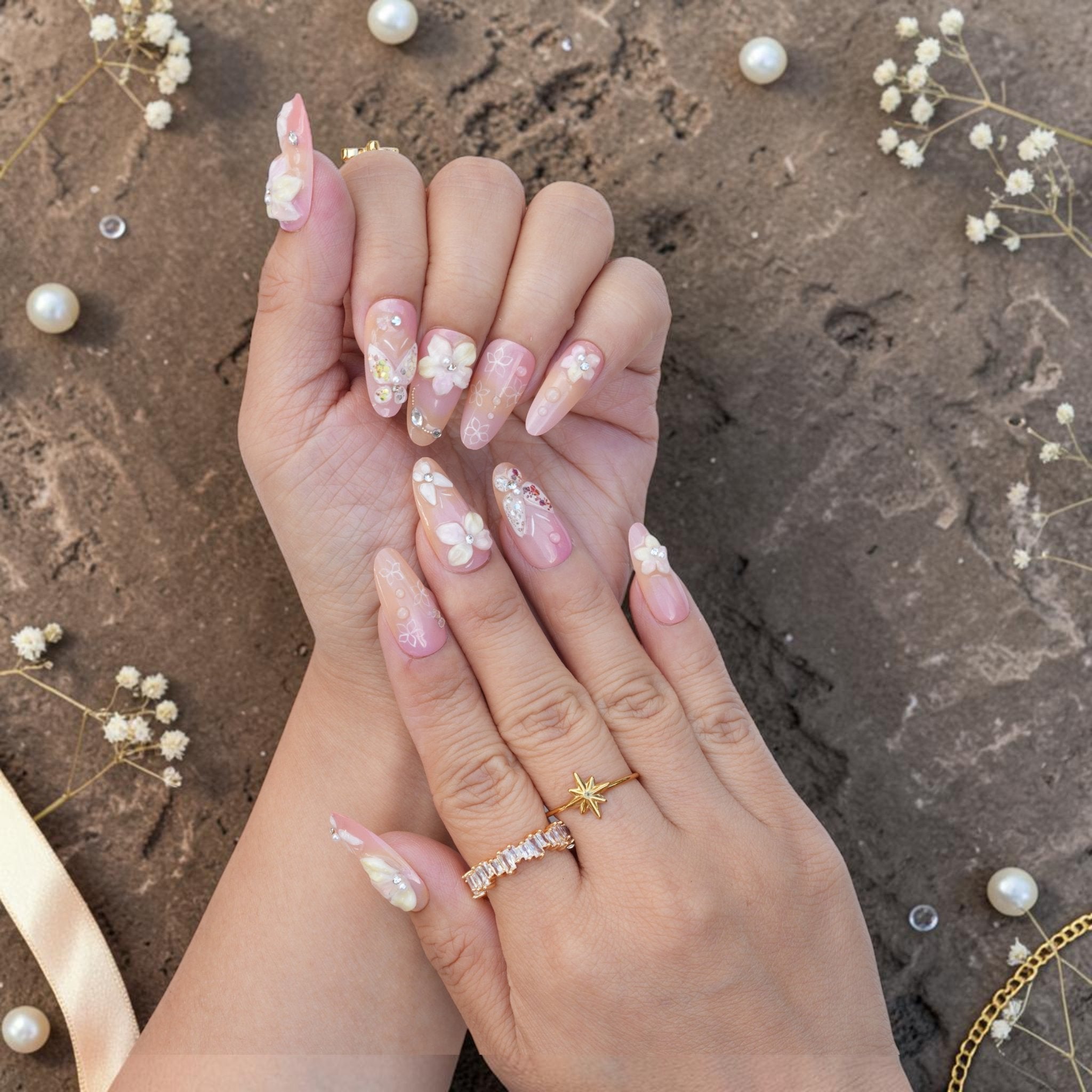 DSC00049 soft pink press on nails with 3D florals crystals and glitter accents