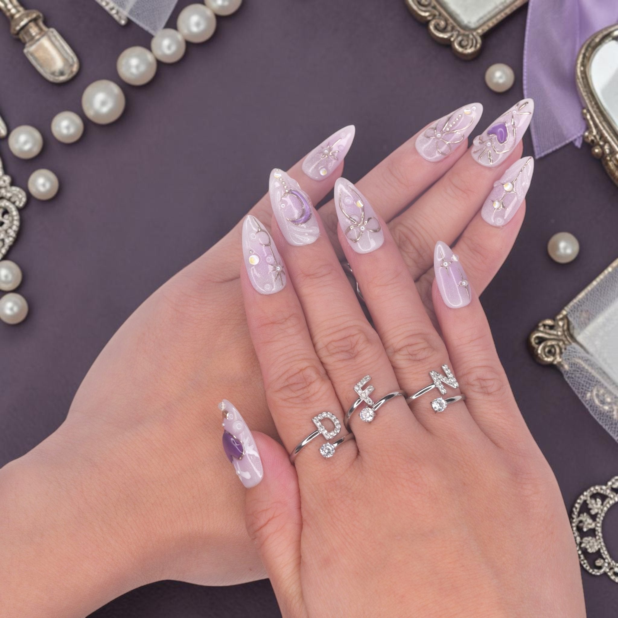 DSC00049 lavender press on nails with silver wire art, hearts and pearls