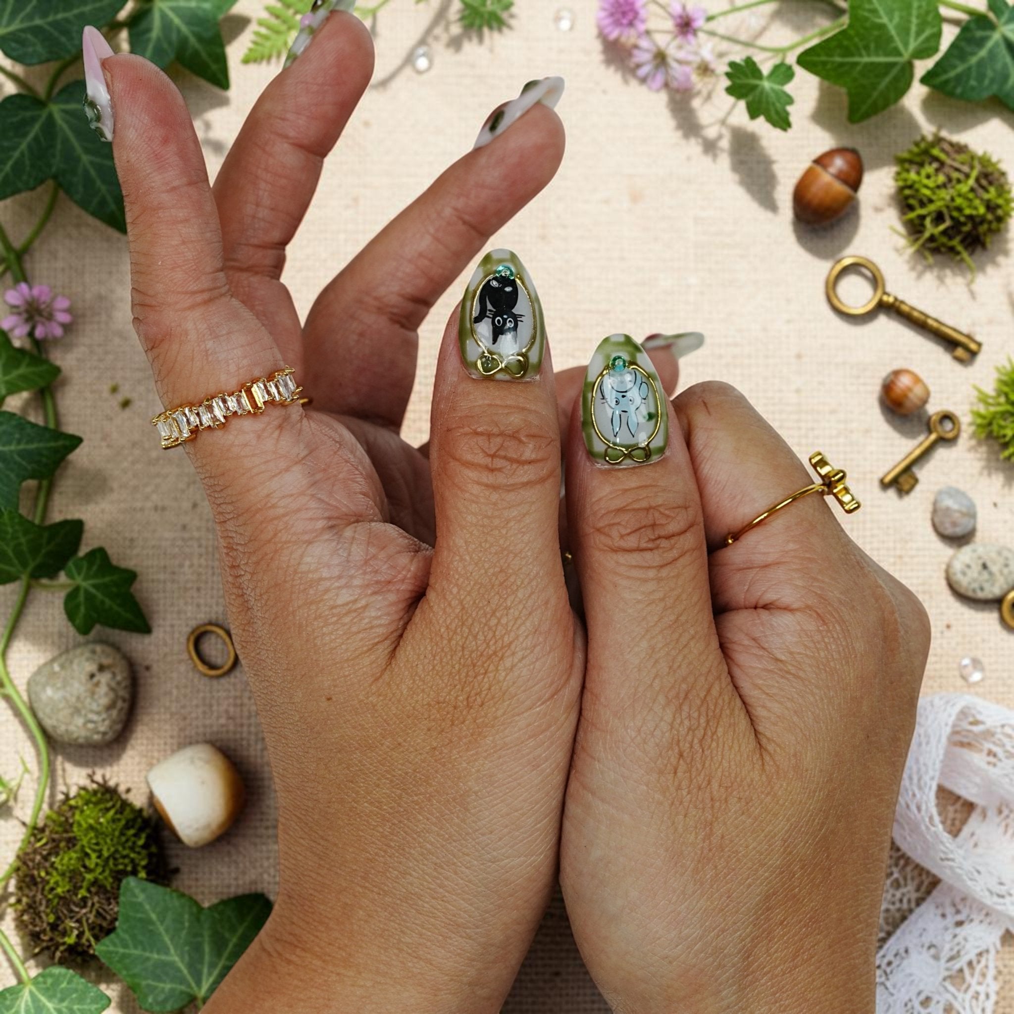 DSC00050 matcha green press on nails with a little black cat and cute forest friends in gold frames