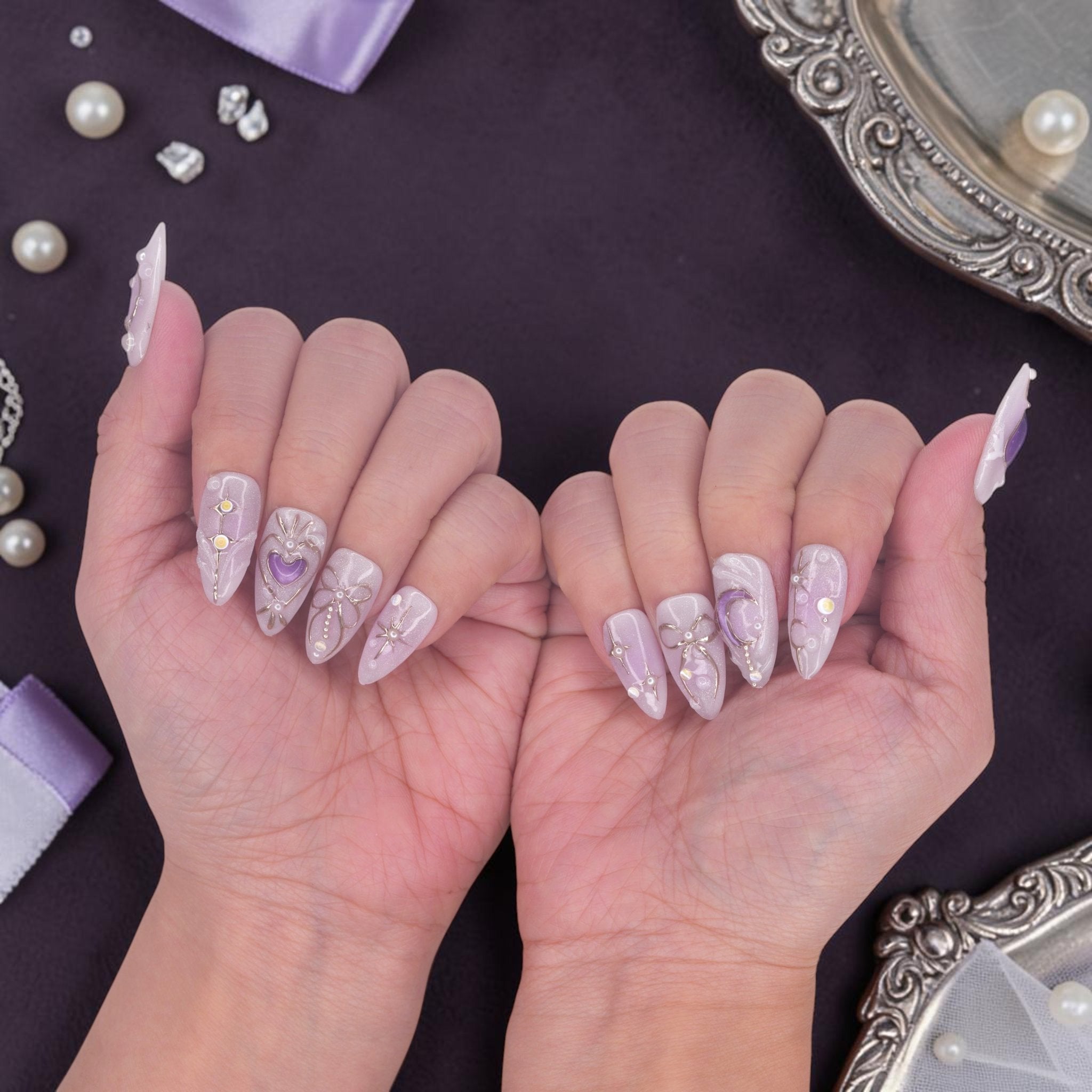 DSC00055 lavender press on nails with silver bows, crescent moons and pearl accents