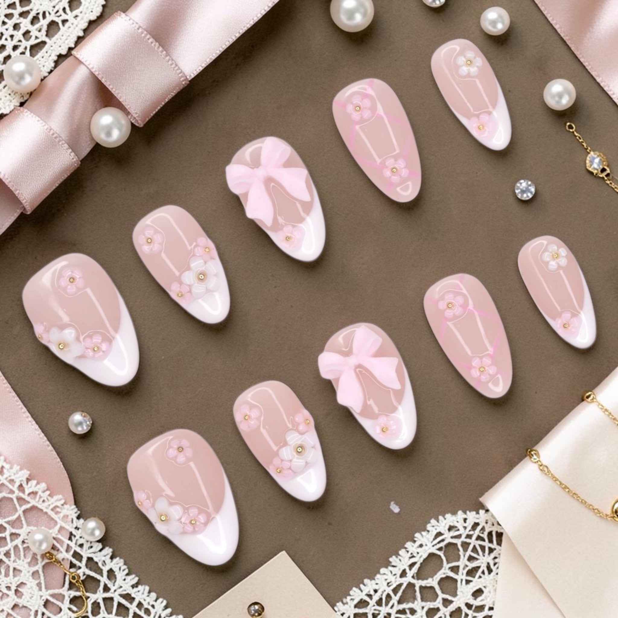 DSC00056 bow press on nails full set with 3D pink bows, sculpted flowers and white french tips laid flat