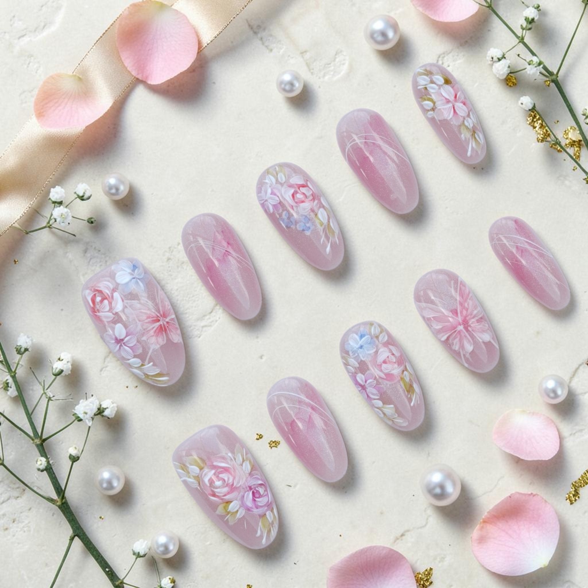 Handmade watercolour press on nails flat lay in blush pink with painted roses, blossoms and pearly shimmer