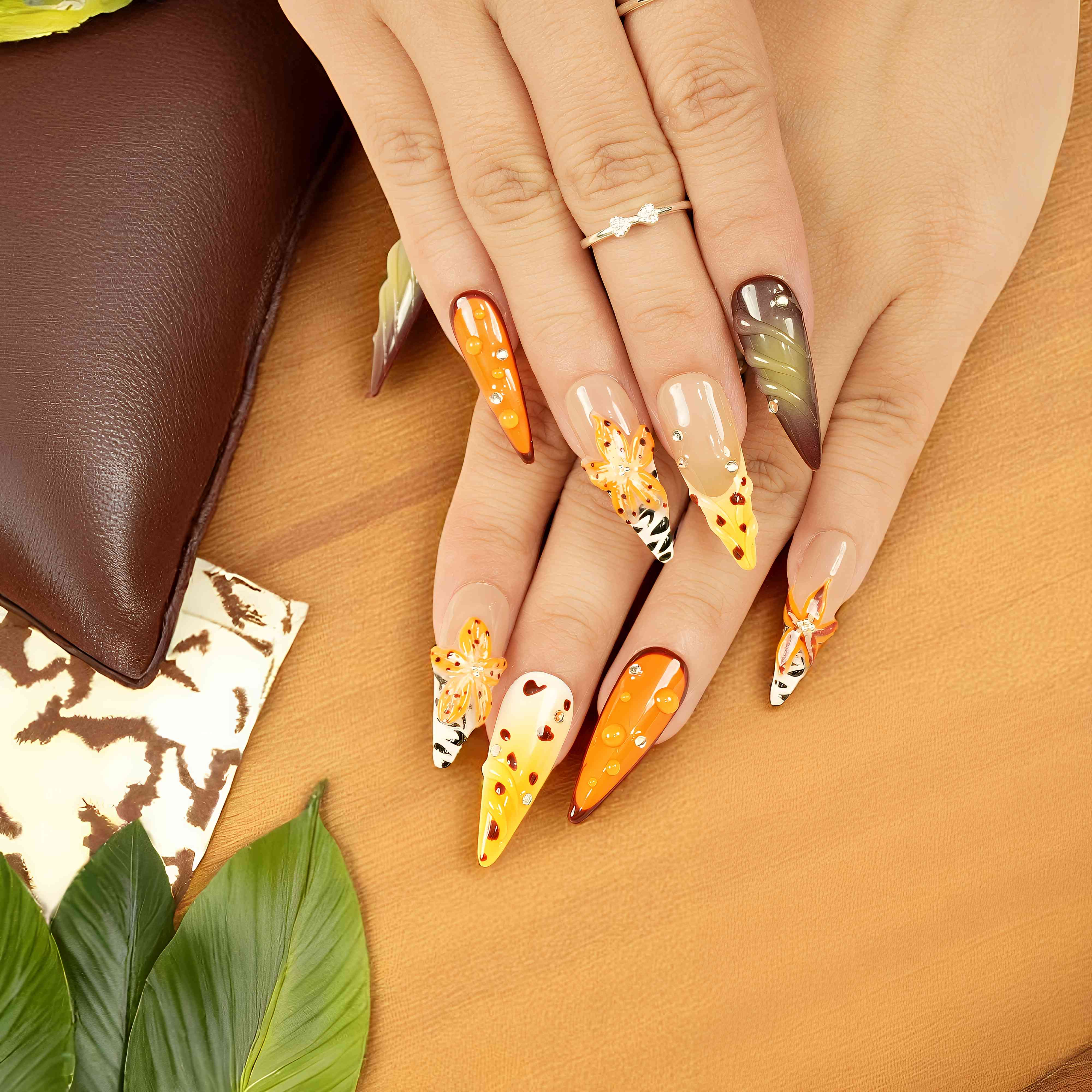 lifestyle photo with long animal print inspired press on nails