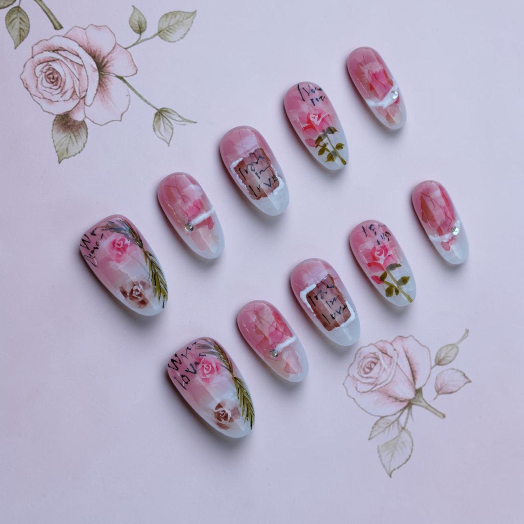 Vintage rose press on nails full set with watercolour roses and love letter script