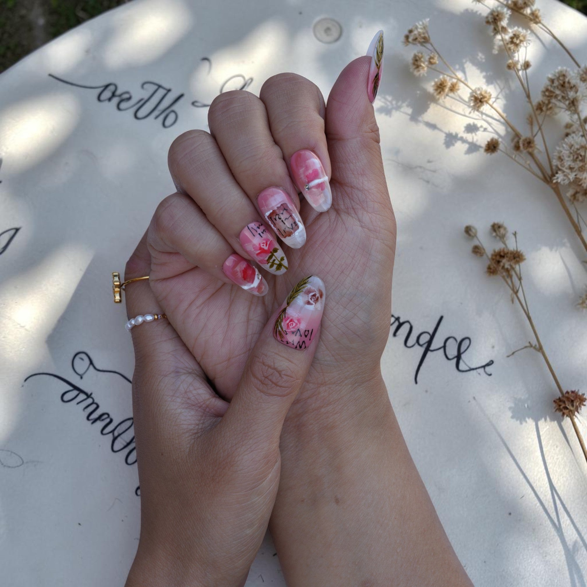 Romantic rose press on nails with green stems and vintage letter art