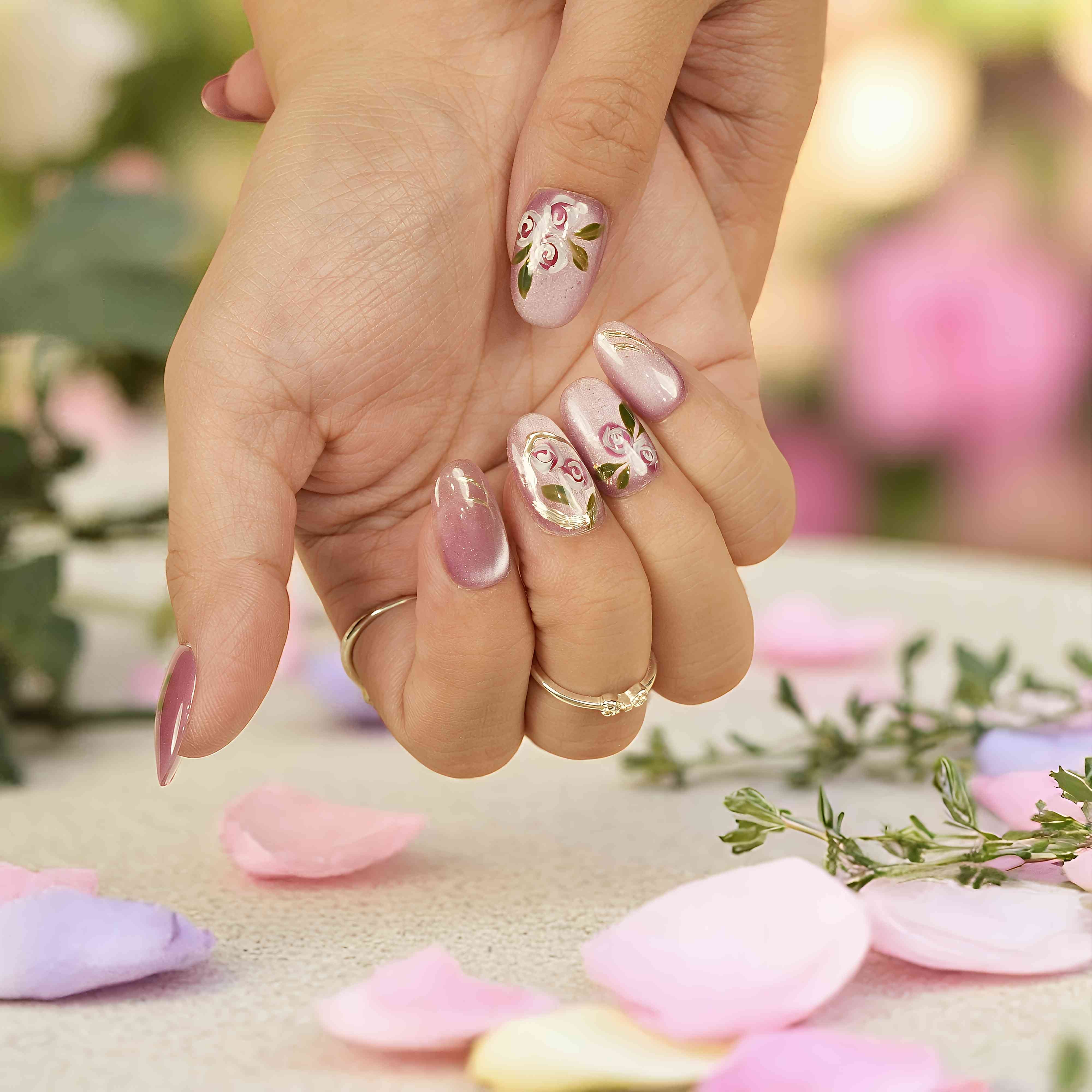 Mauve cat’s eye floral press on nails with painted roses and shimmer – handmade Australian nail set