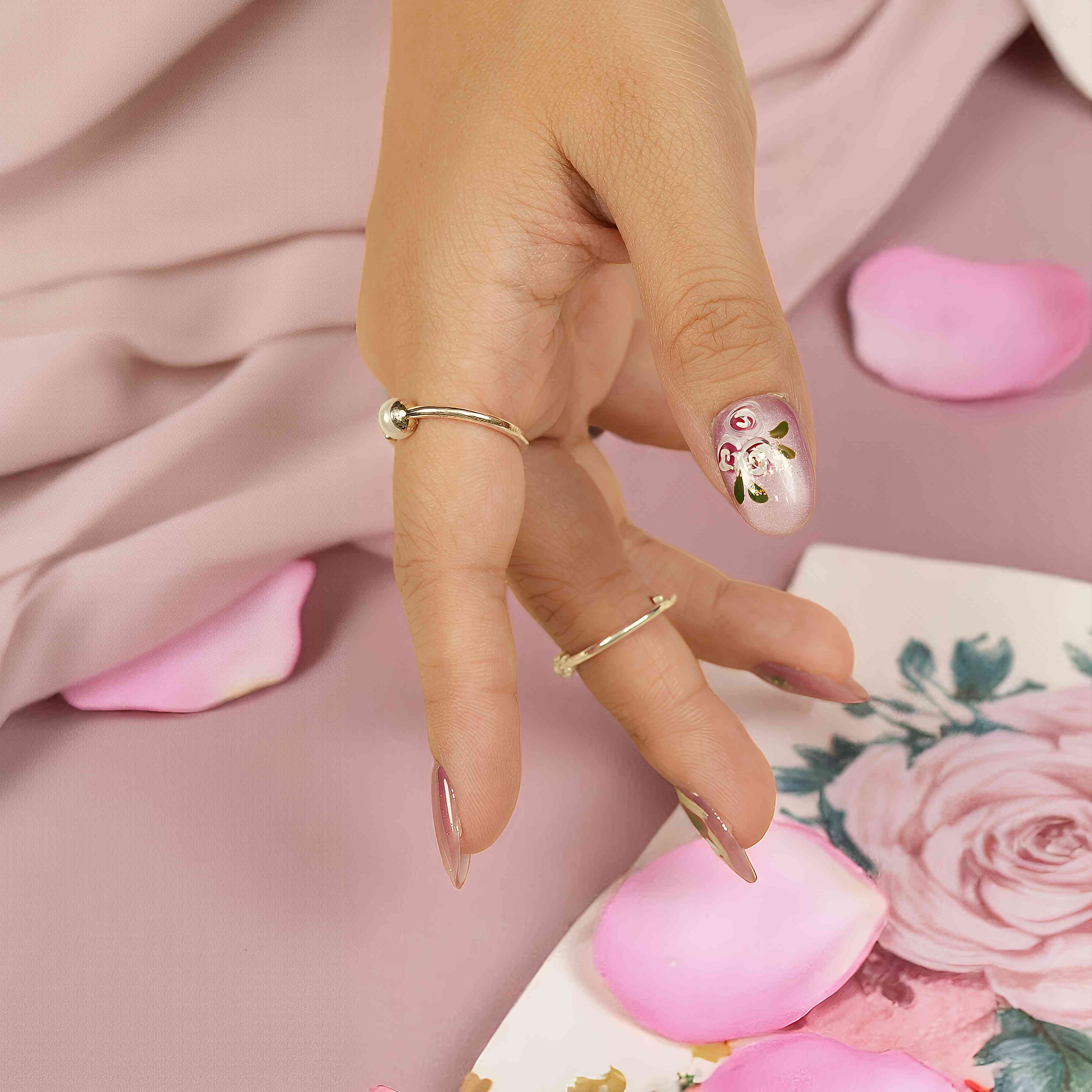 Handcrafted lilac shimmer nails with rose garden theme – reusable press on nails Australia