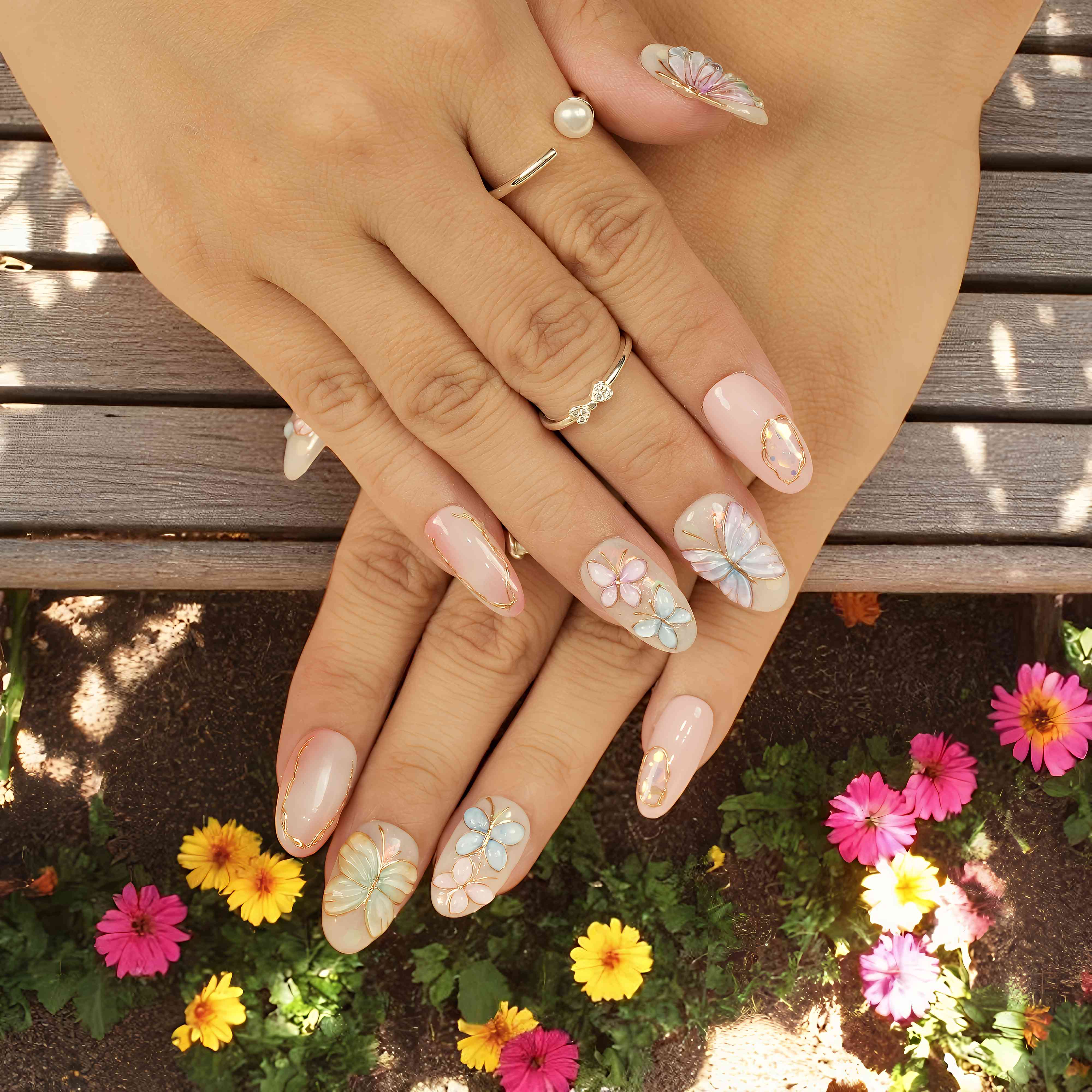 Butterfly Meadow nails worn outdoors – pink base with pastel butterflies in spring light
