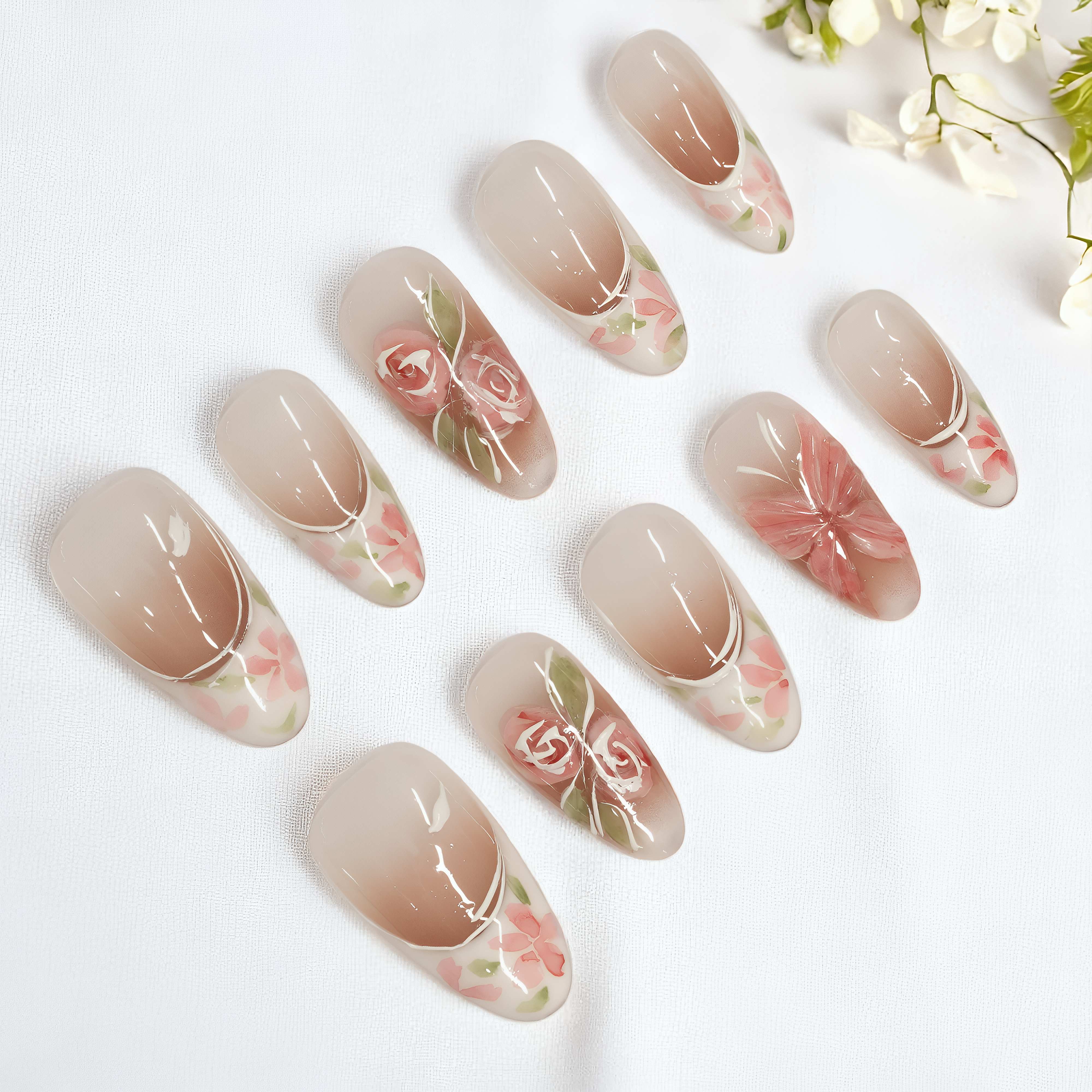 Hand-painted floral press on nails with beige ombré base and sculpted 3D butterfly – Flourish & Grace by Dress For Nails Australia
