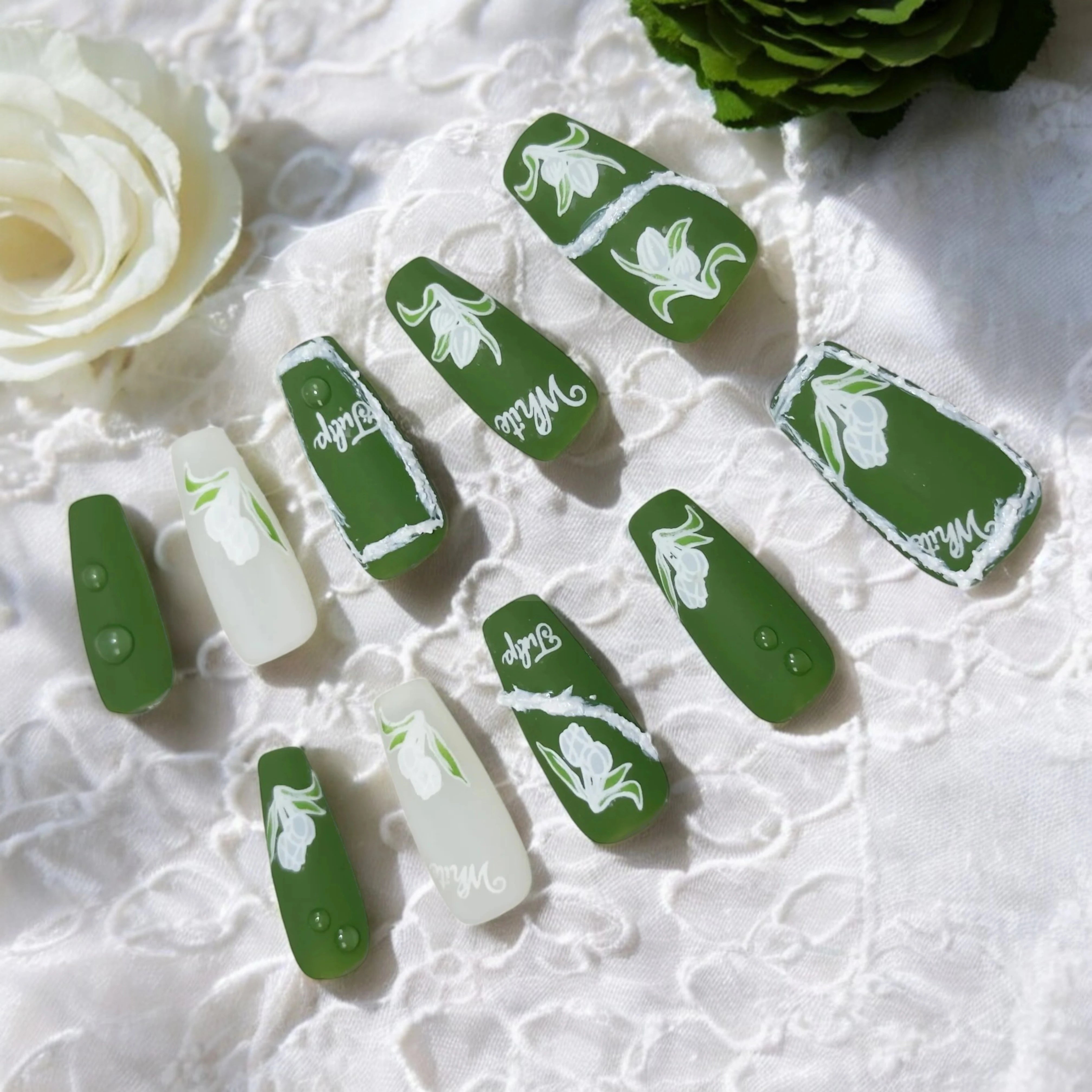 Reusable handmade press on nails in green styles — durable and easy to apply