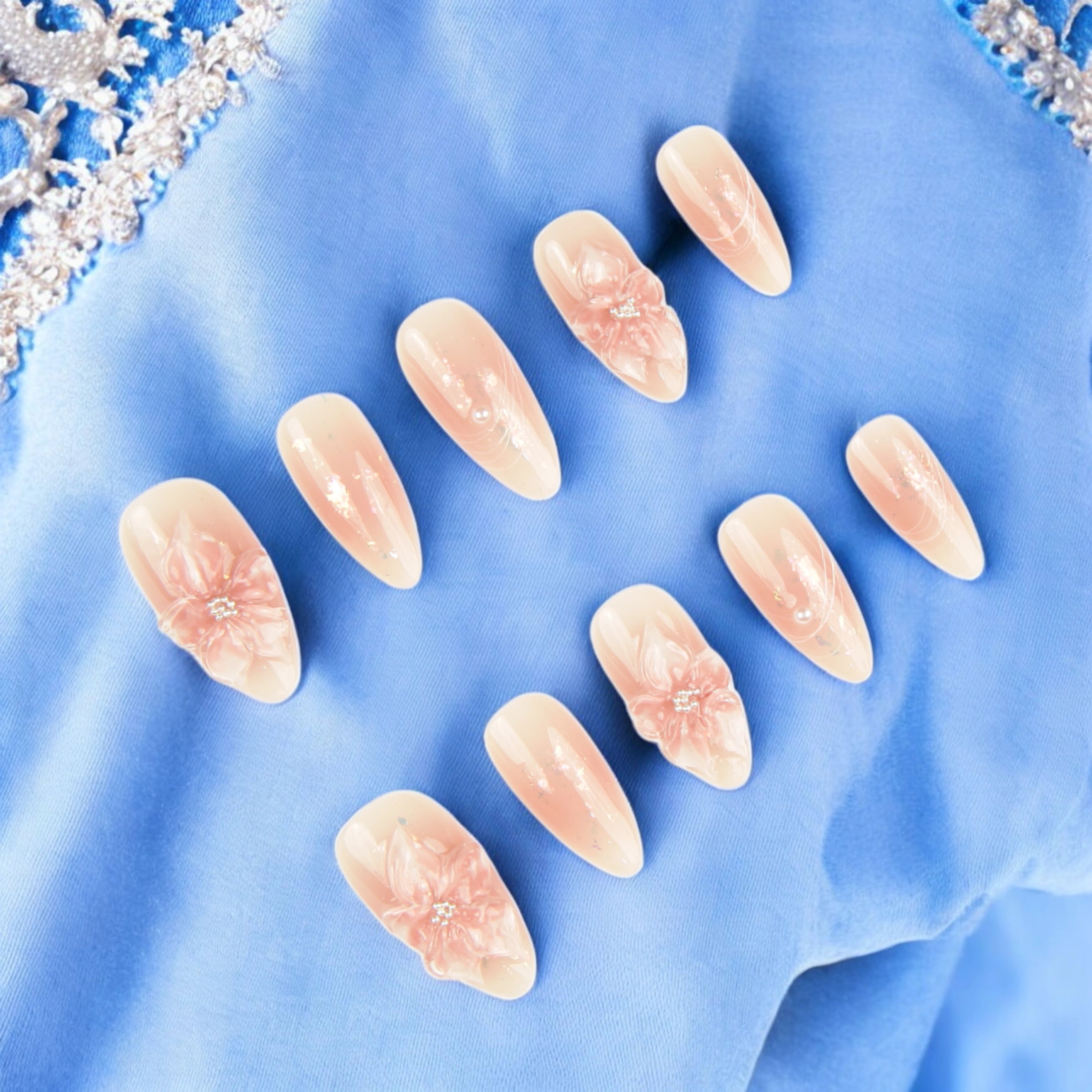 Blush Bloom Press On Nails – 3D Floral Elegance in Soft Pink 🌸✨