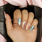 Holographic blue and chrome press on nails with celestial charms – premium stick on nails Australia for glam looks
