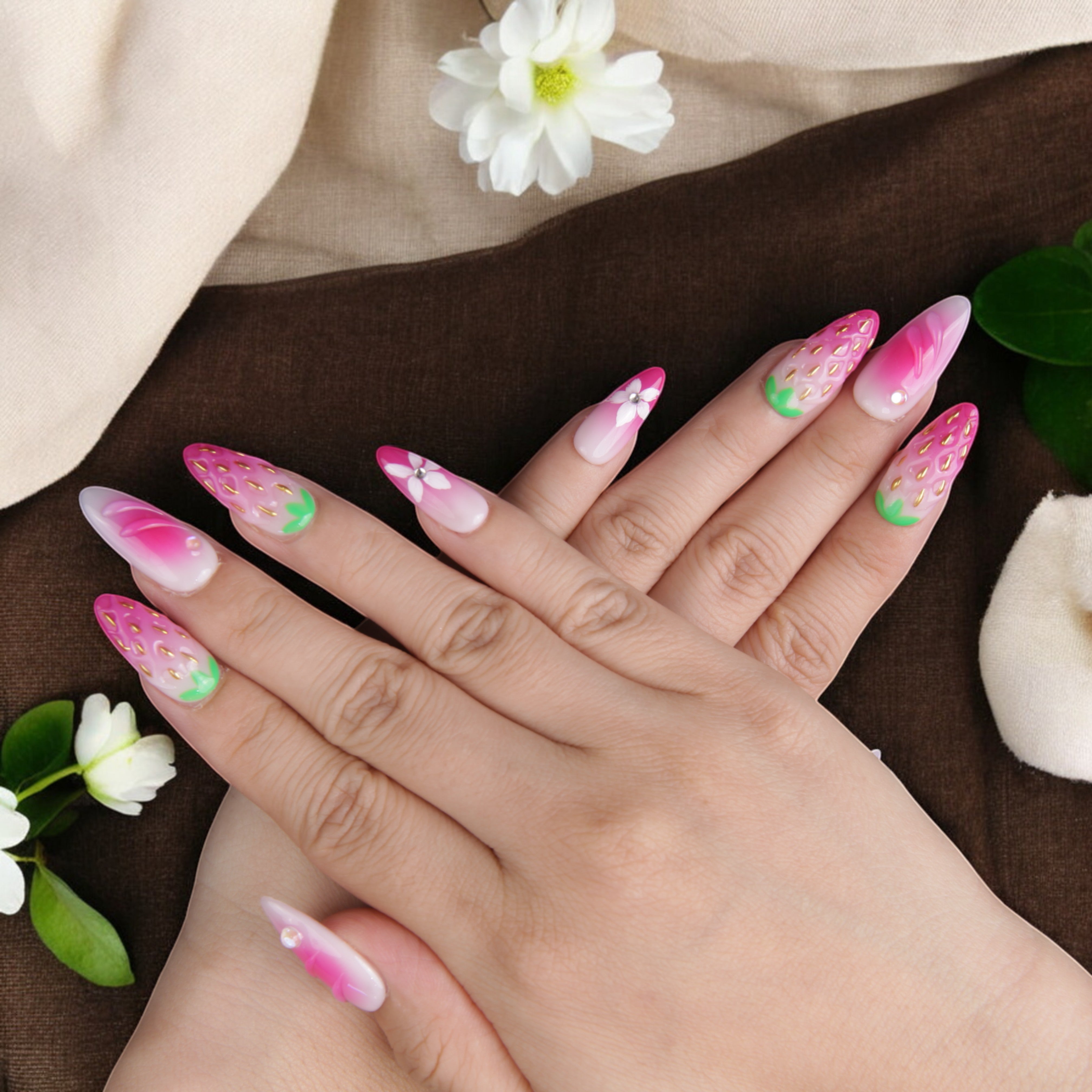 Strawberry fruit nail art set, featuring intricate detailing, pearl accents, and a fresh-picked aesthetic on almond-shaped reusable nails