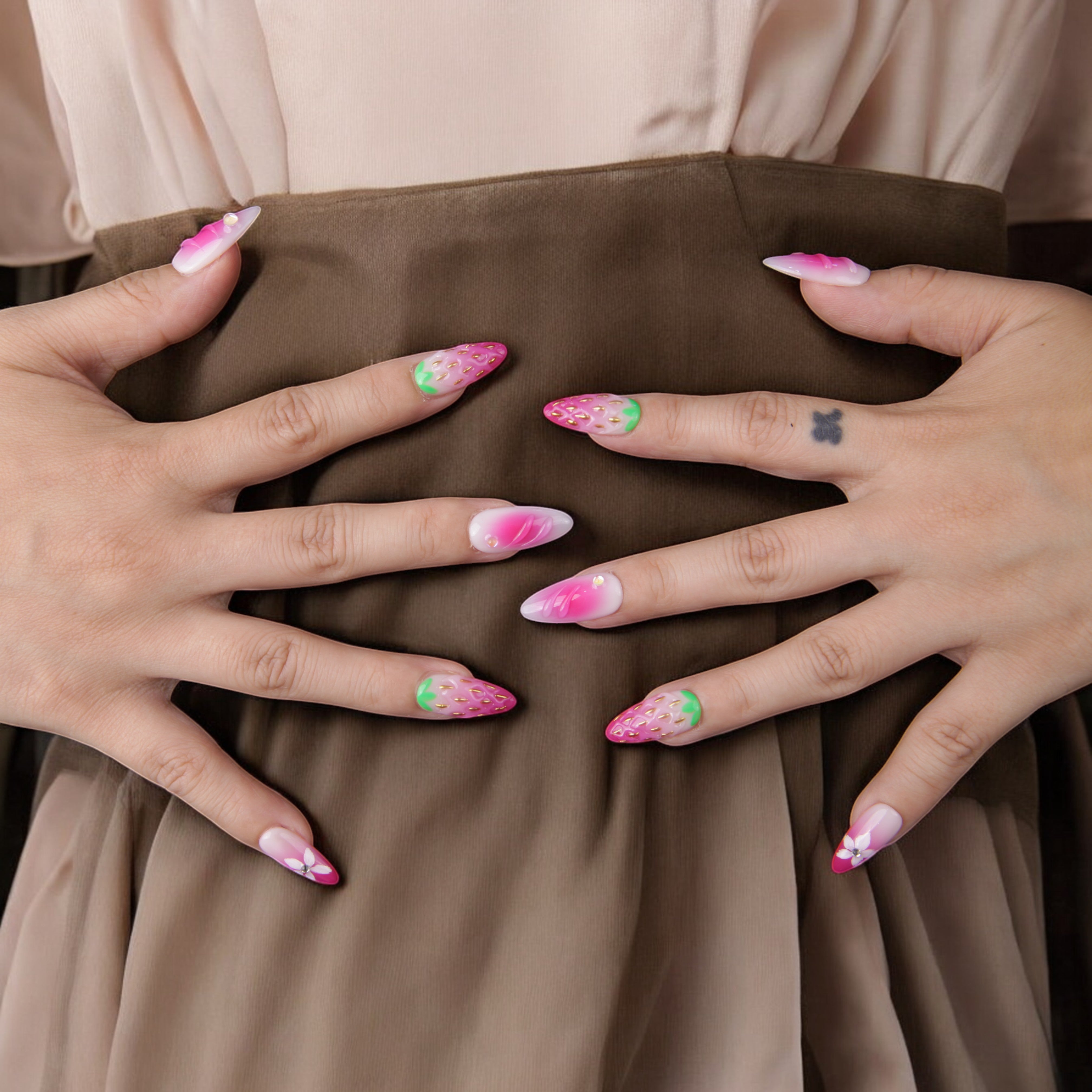 Fresh fruit-inspired acrylic nail extensions designed with strawberry and floral motifs, perfect for a sweet and playful summer manicure