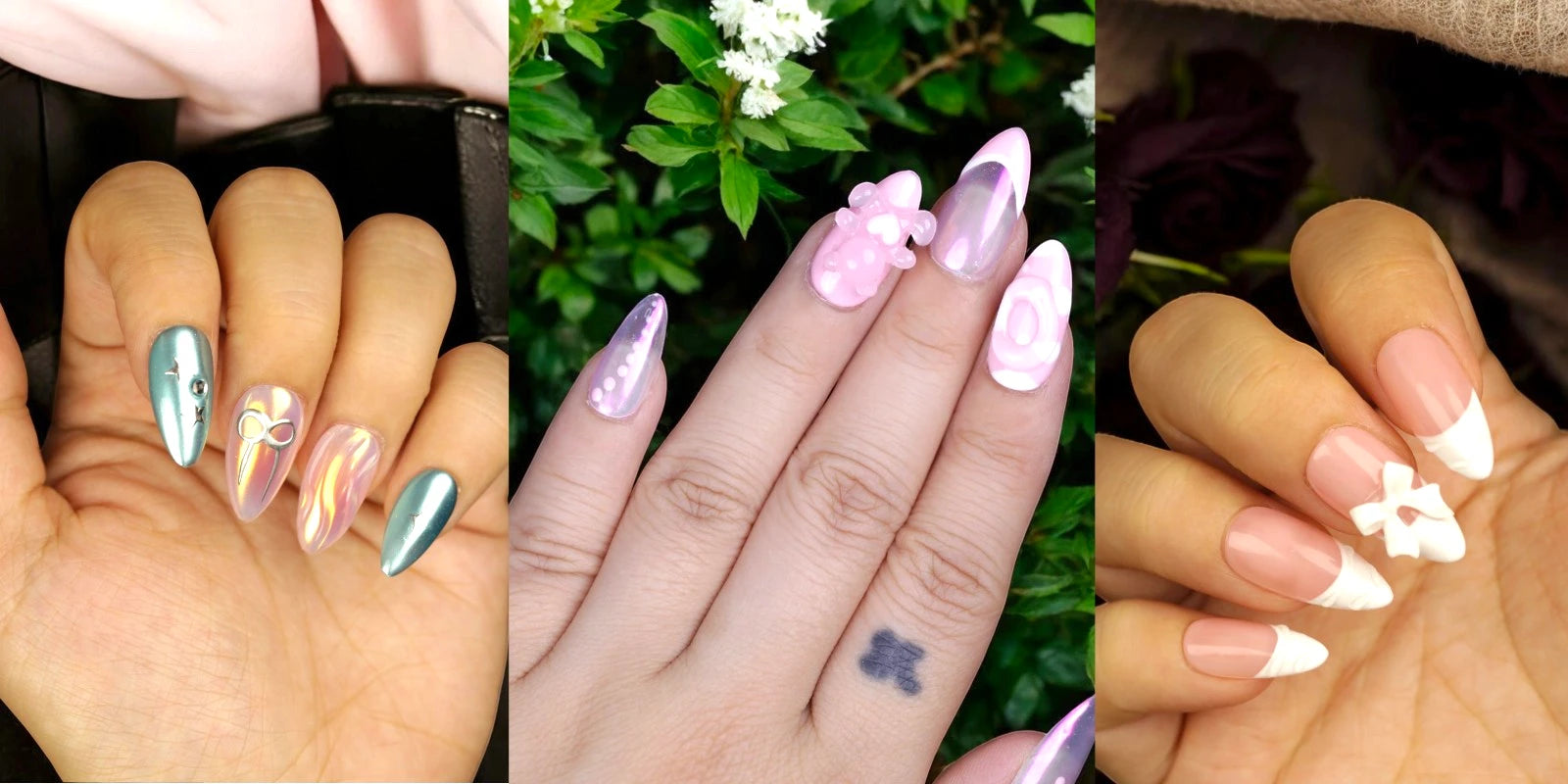 Triple nail design showcase featuring iridescent chrome press on nails, playful pink 3D teddy bear nail art, and classic nude French tip stick on nails with a white bow—perfect for fans of handmade, fake, and glue on nails in Australia.