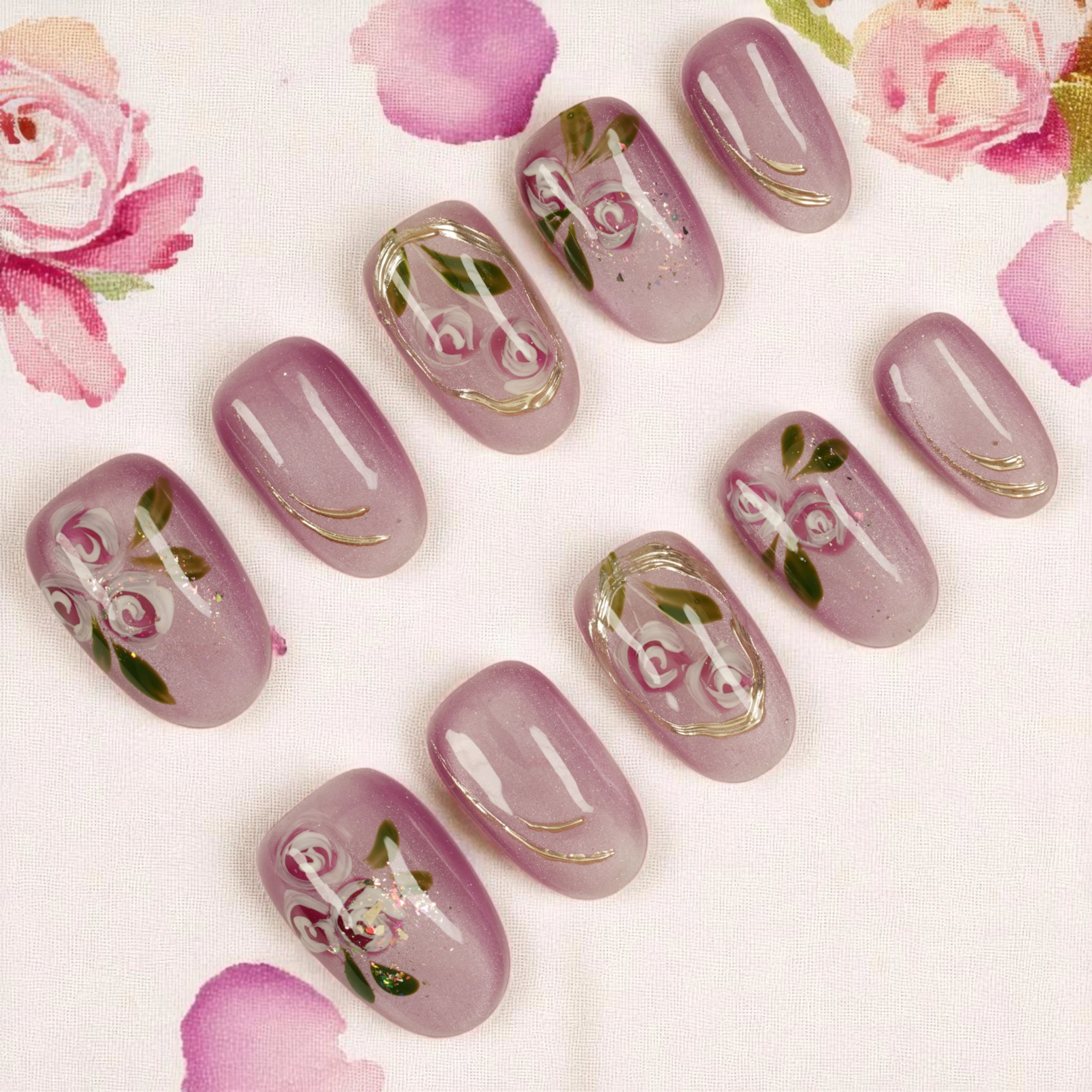 Lilac cat’s eye press on nails with rose floral design – reusable shimmer nails handmade in Australia