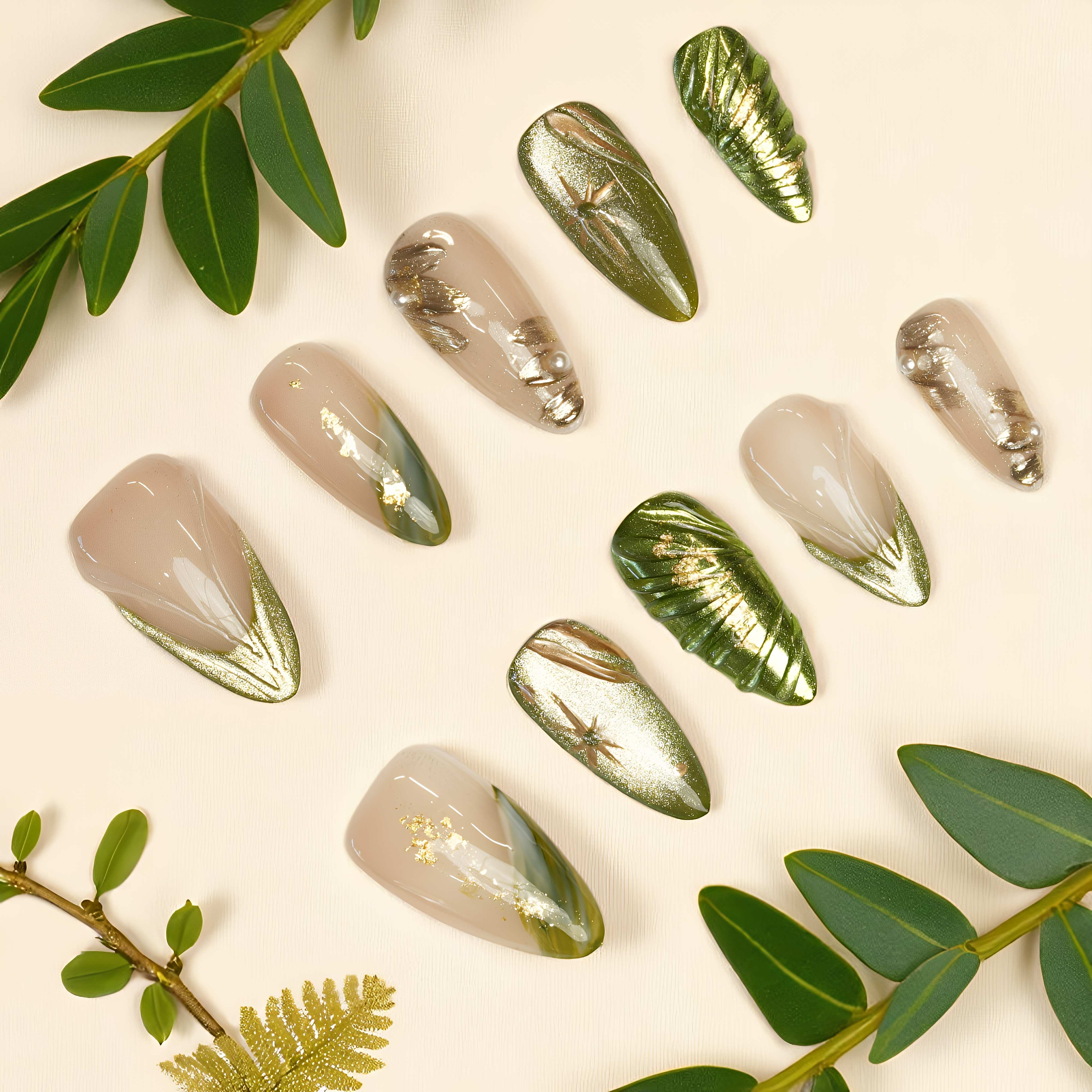 Verdant Luxe Press On Nails Green Gold Glam | Glue Store Dress For Nails Verdant Luxe Press On Nails Green Gold Glam | Glue Store Dress For Nails
