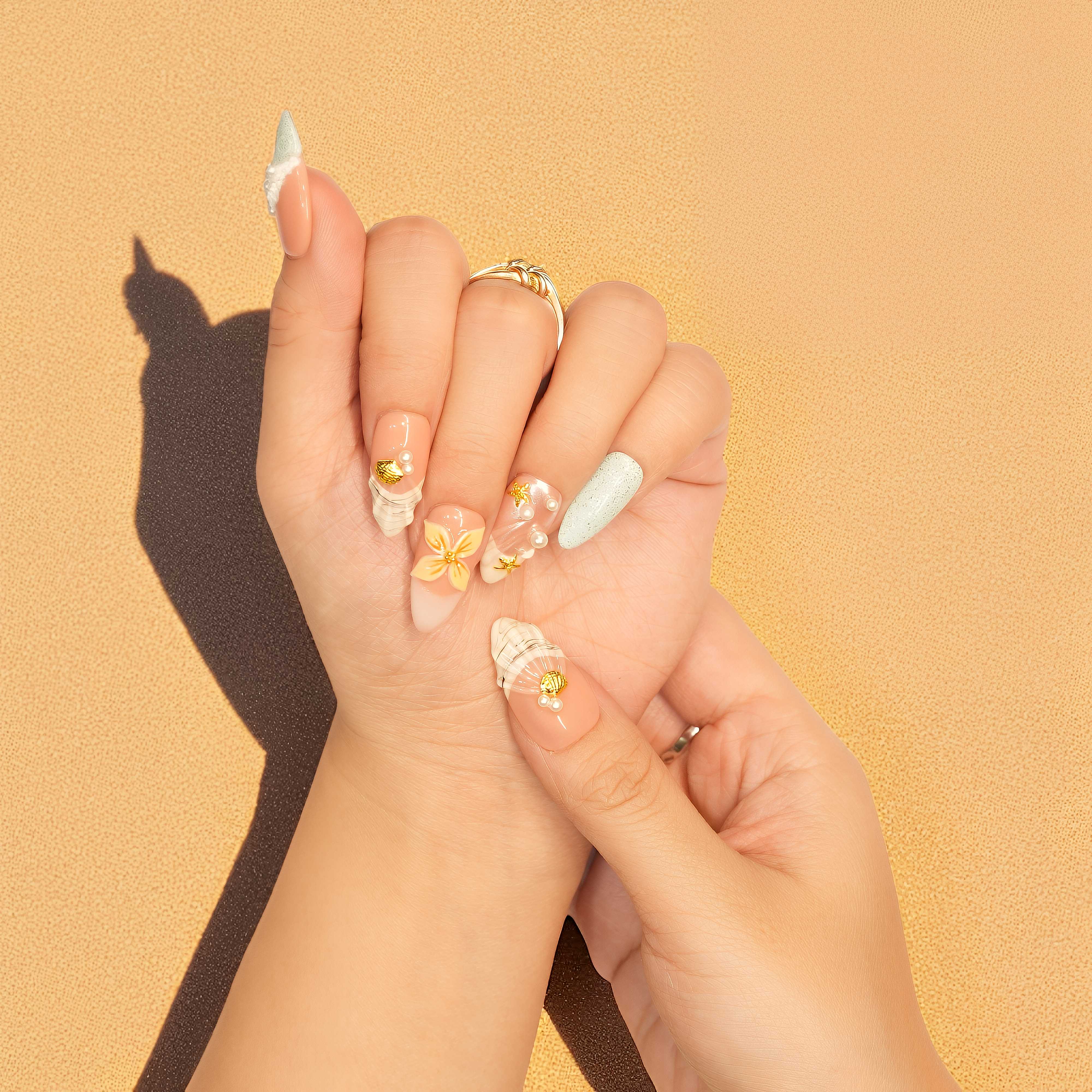 Reusable press on nails with handmade seashell and ocean swirl details