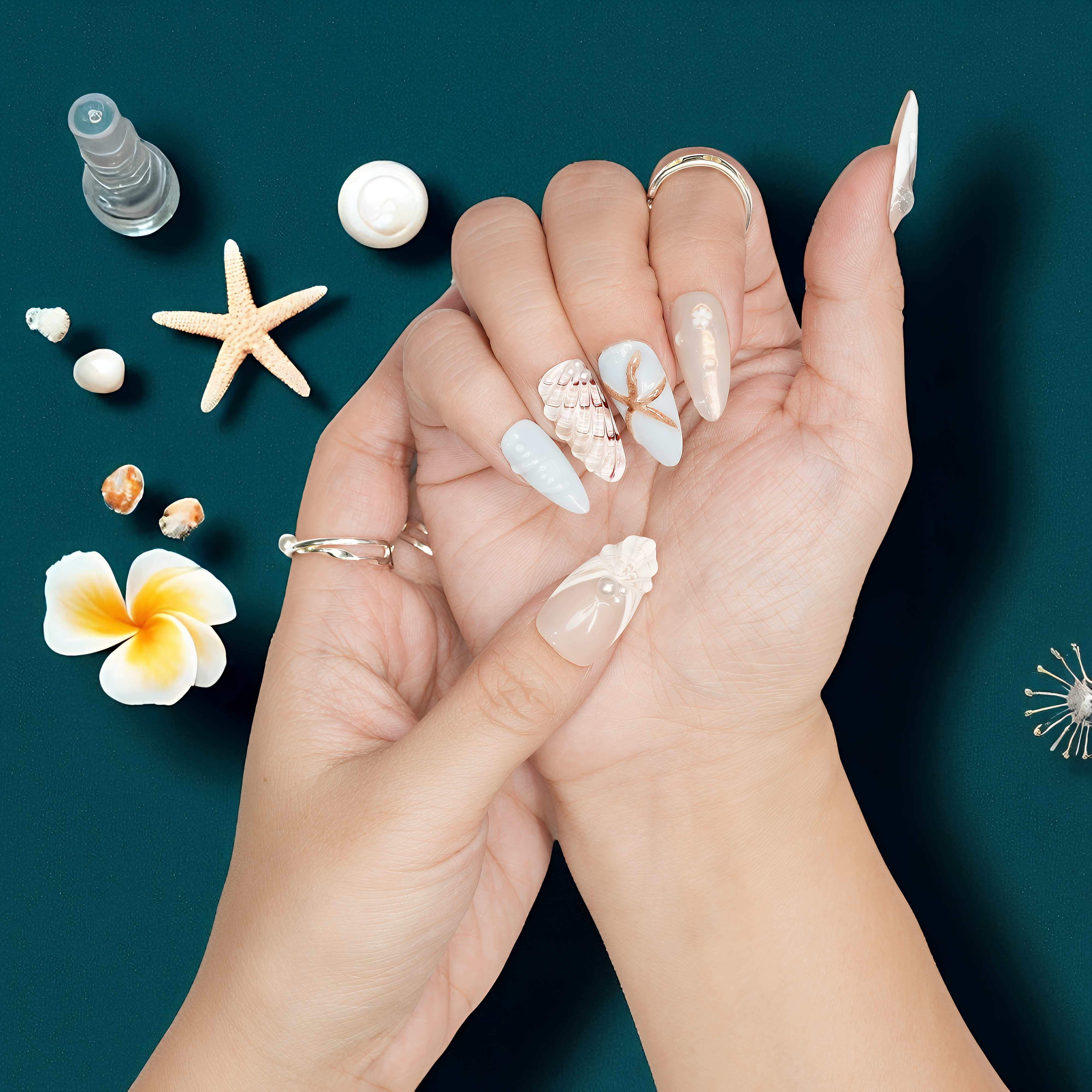 Pastel seafoam green jelly nails with sculpted white flower and shimmer
