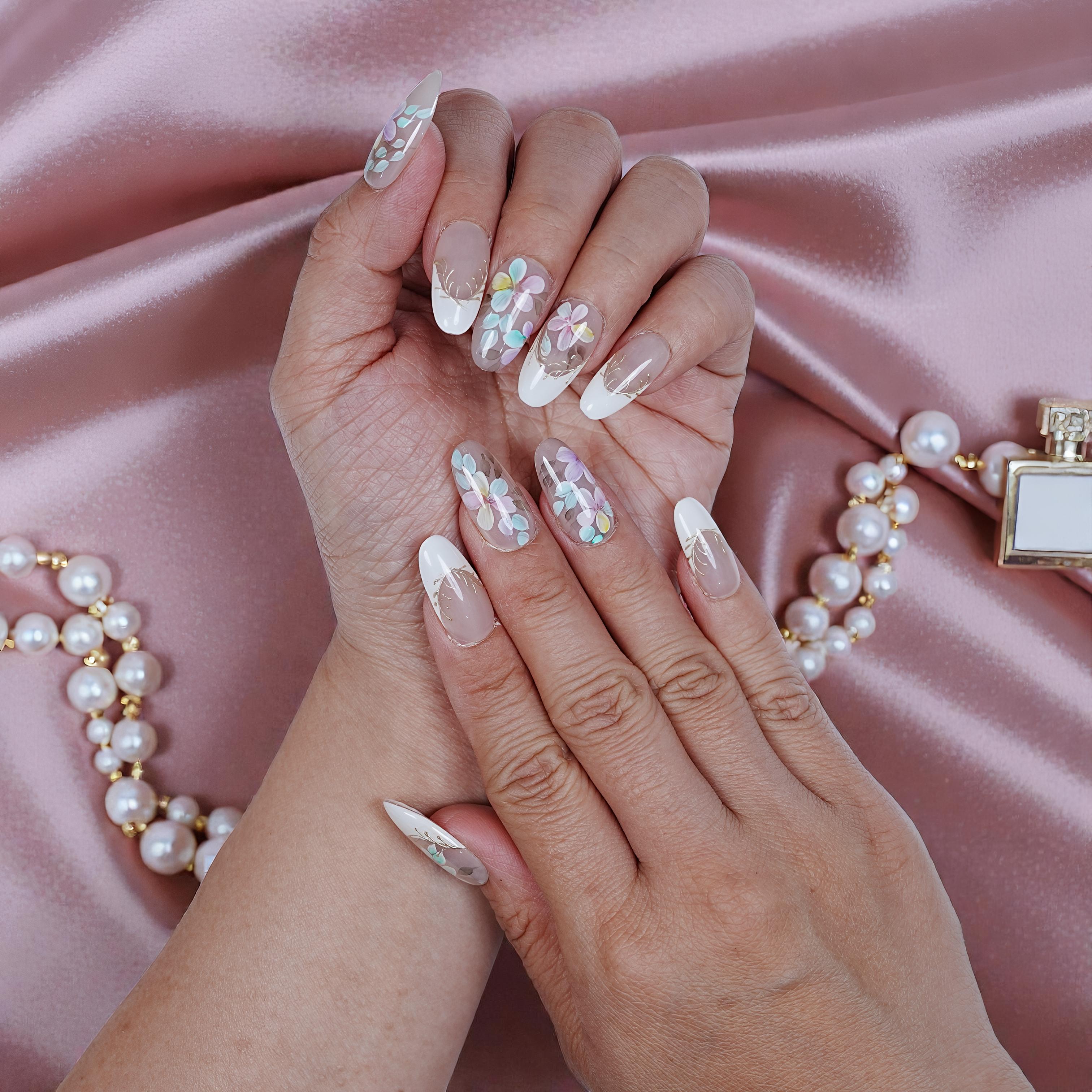 Soft pastel nail design – Blooming Mist stick on nails featuring floral and shimmer touches