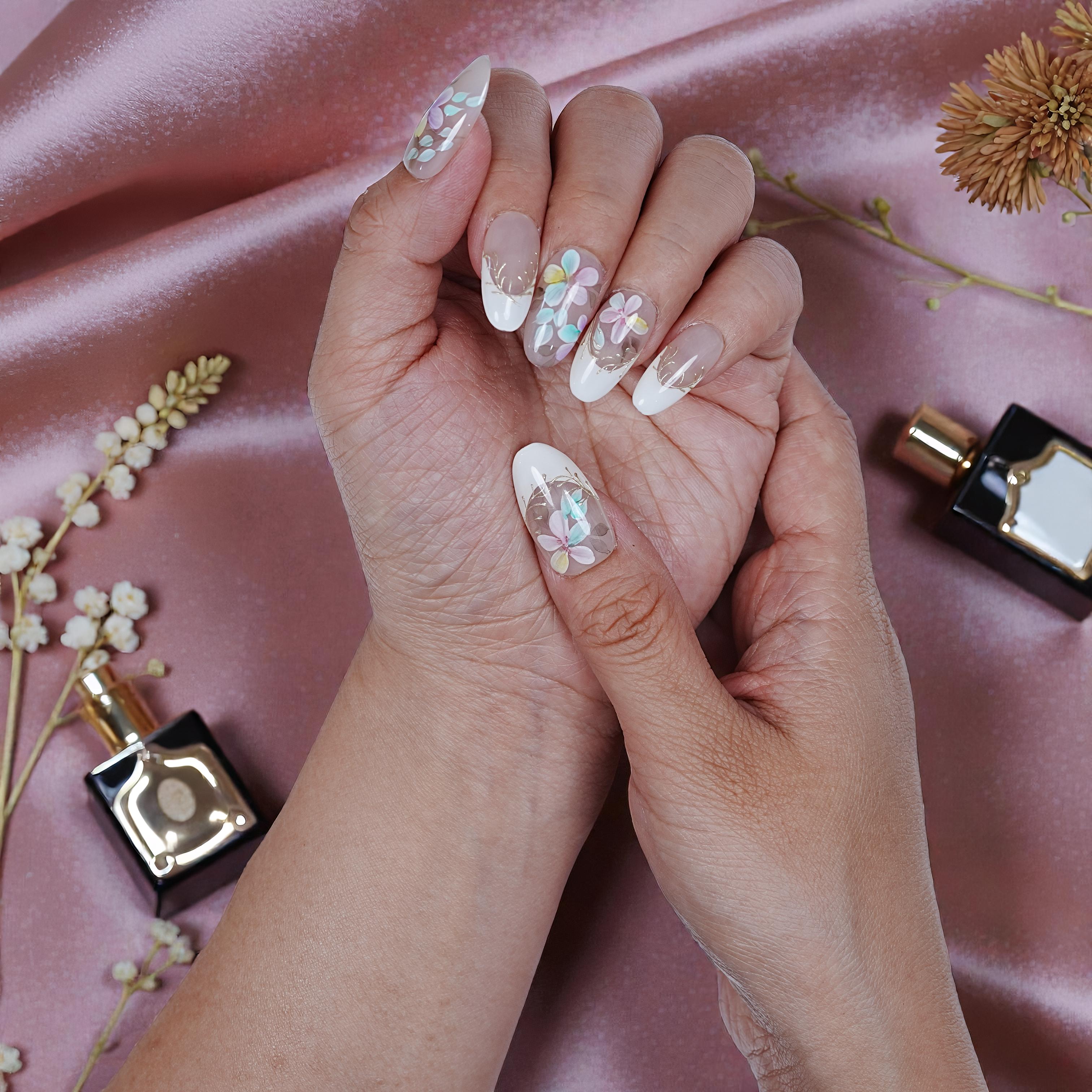 Gallery of nails in delicate pastel hues – Blooming Mist handmade stick on nail set