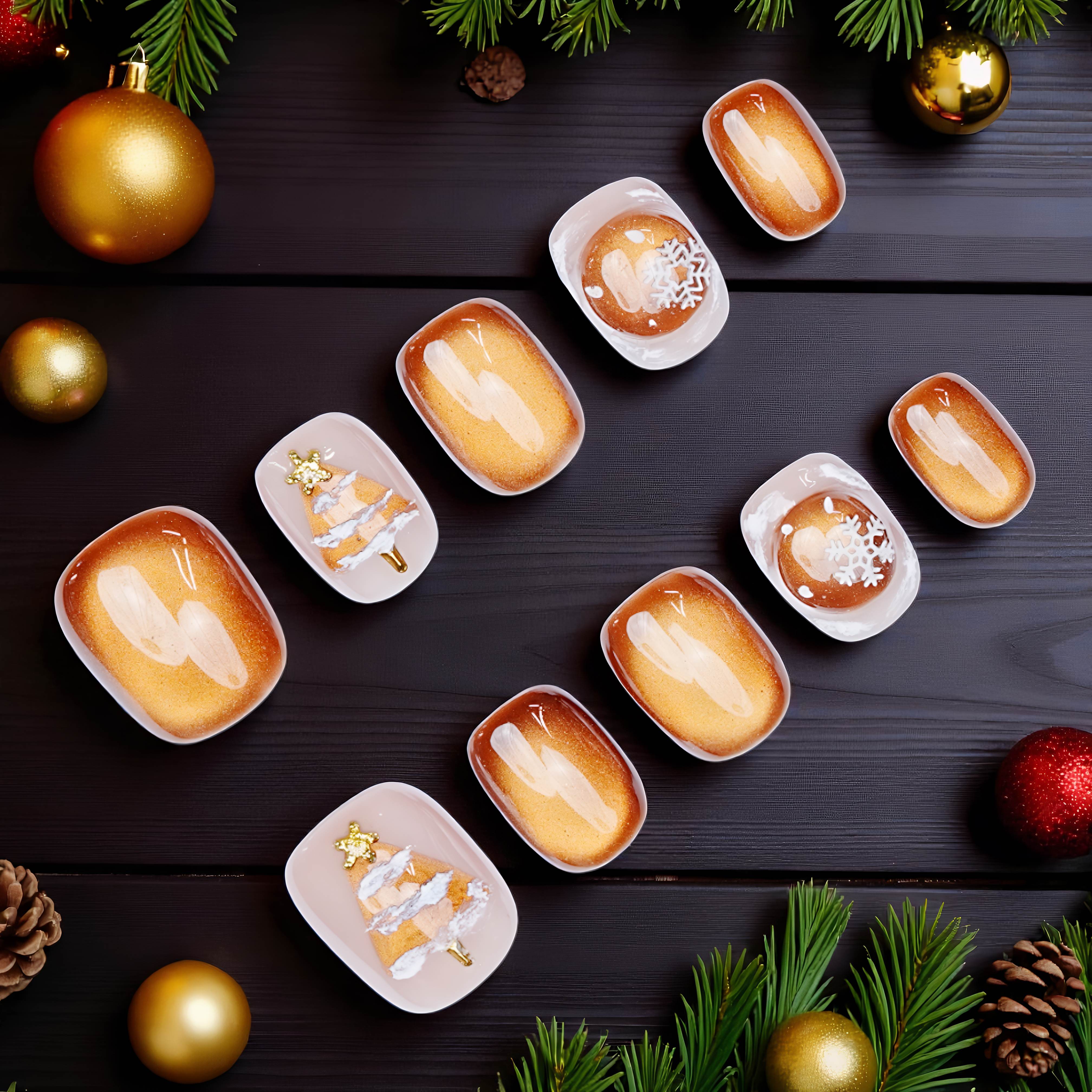 Christmas press on nails flatlay with festive tree and snowflake details on dark wood