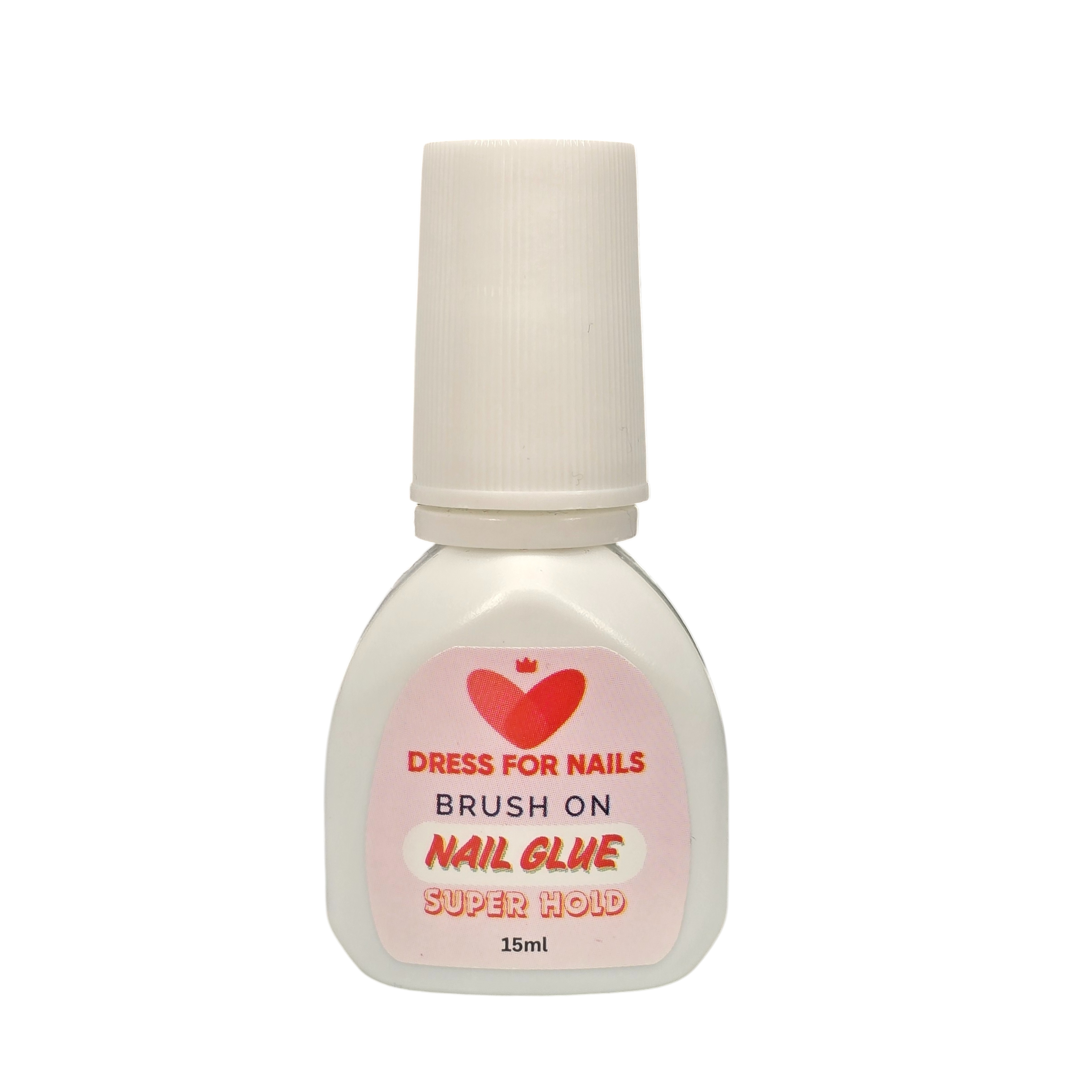 Front view of Dress For Nails Advanced Brush-On Nail Glue with super hold label and heart logo