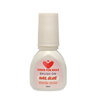 Front view of Dress For Nails Advanced Brush-On Nail Glue with super hold label and heart logo