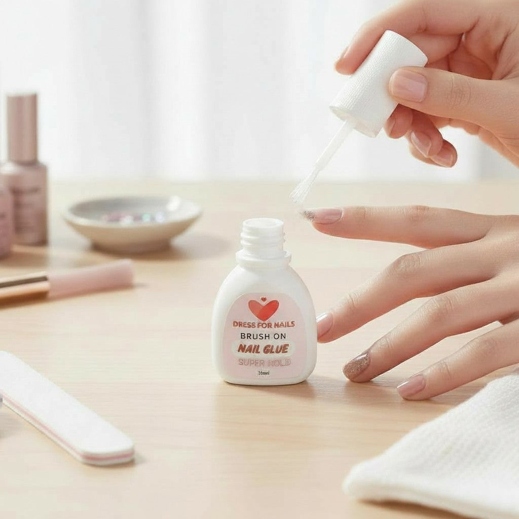 person applying a press on nail with floral 3D design onto natural nail with brush on press on nail