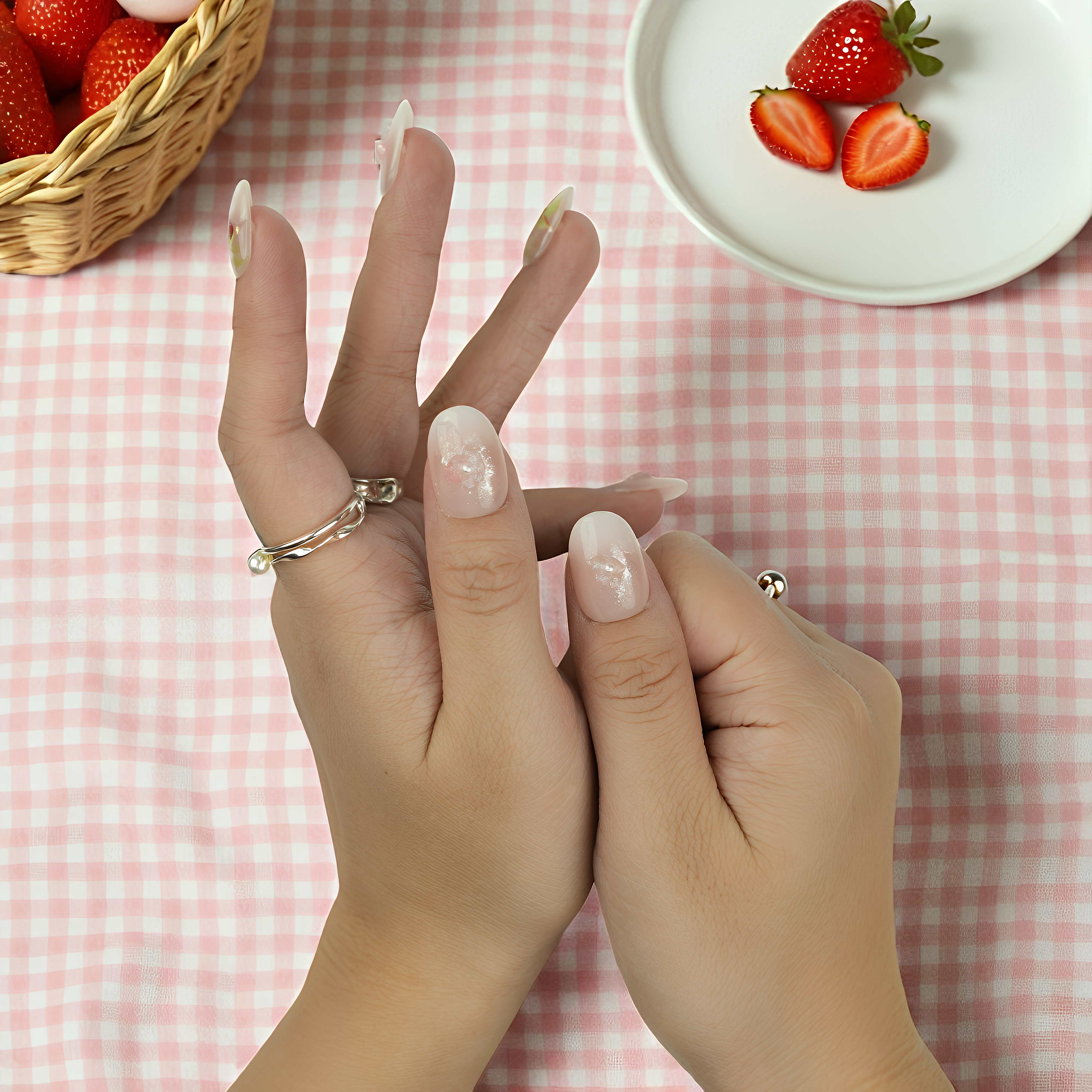 Close-up of strawberry press on nail with floral hand-painted detail and shimmer foil