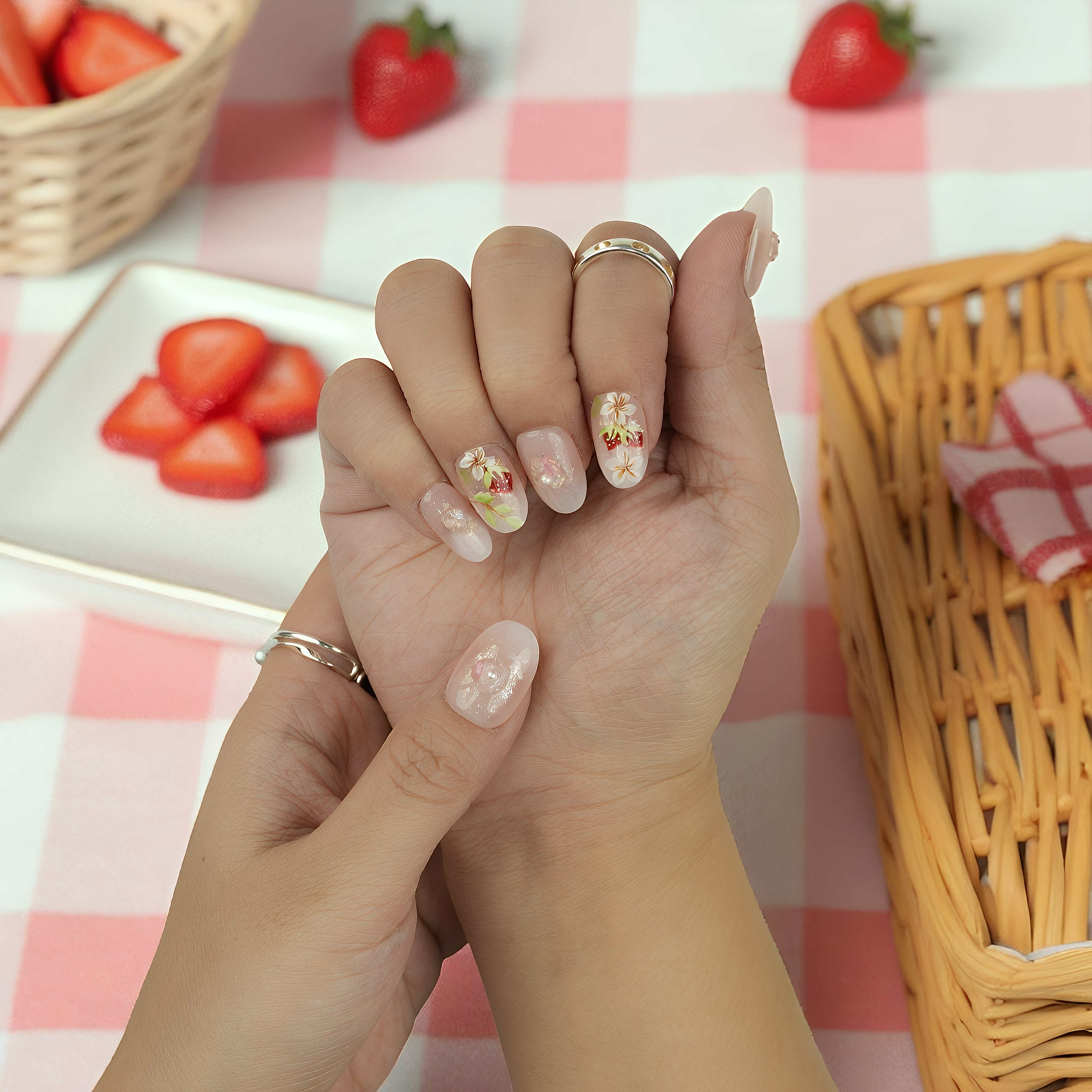 Handmade nail set featuring strawberries, white florals, pink shimmer, and pearl accents