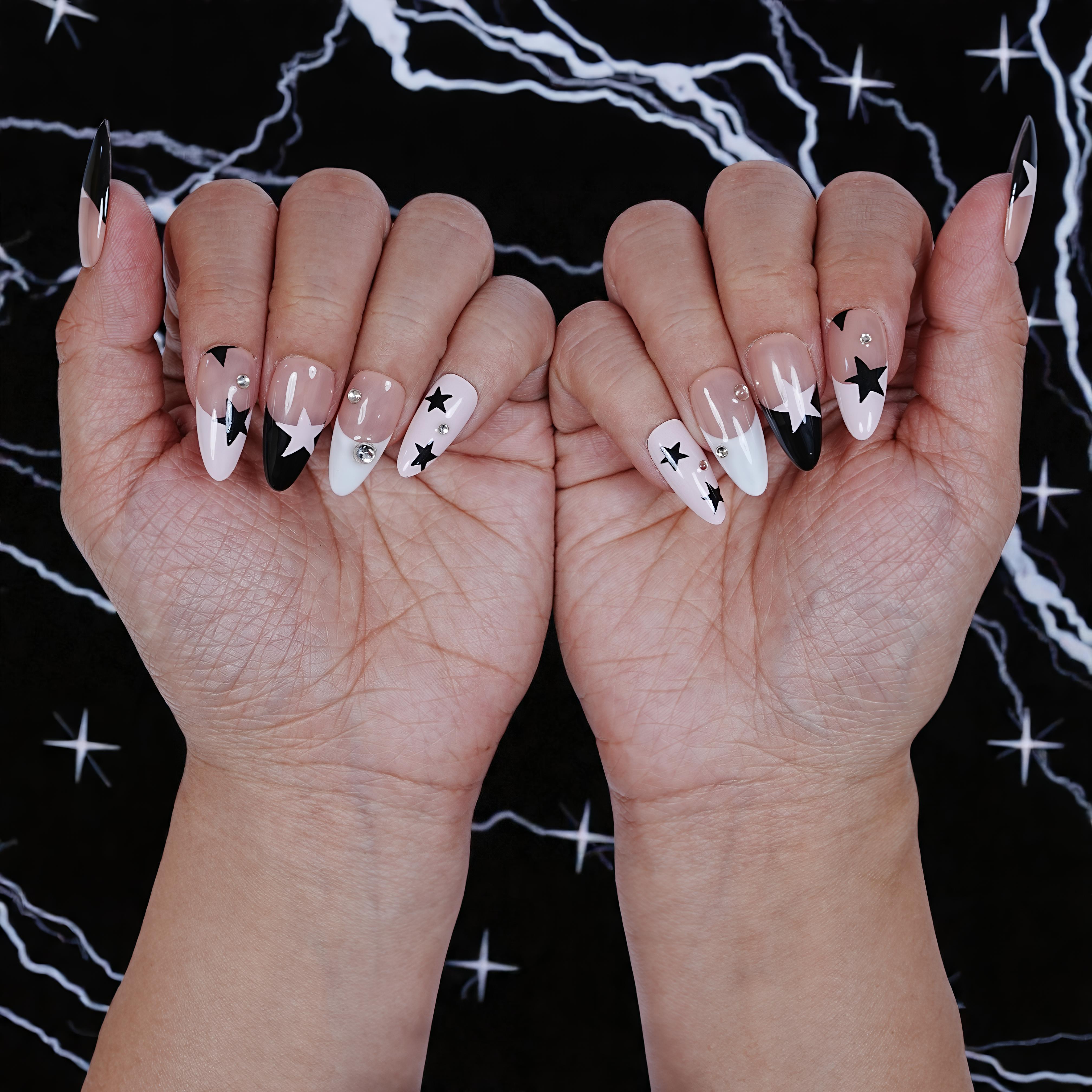 Black and white star press on nails with rhinestones, handmade design, Dress For Nails Australia.